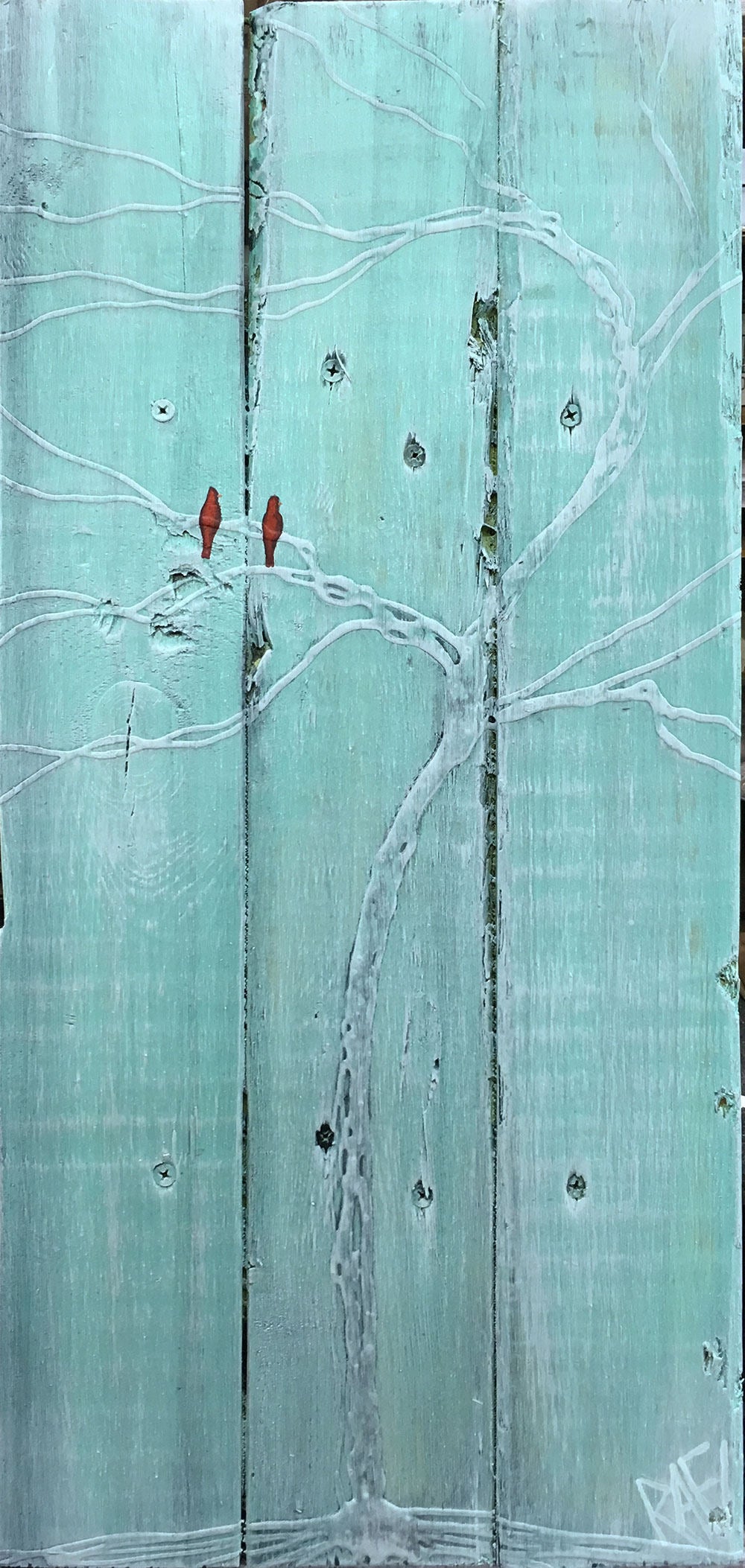 Reclaimed Wood Out On A Limb Two Birds – White Tree – Mixed Media On Wood By Rafi