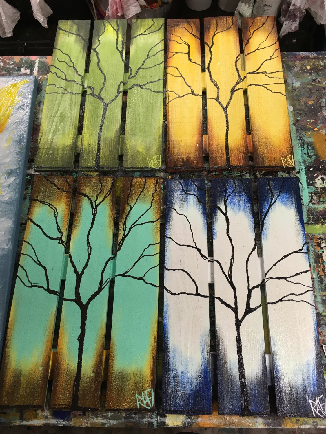 Reclaimed Wood Wall Art Seasons Of Change Abstract Tree Paintings On Upcycled Wood Extra Large 4 Pcs - Image 2