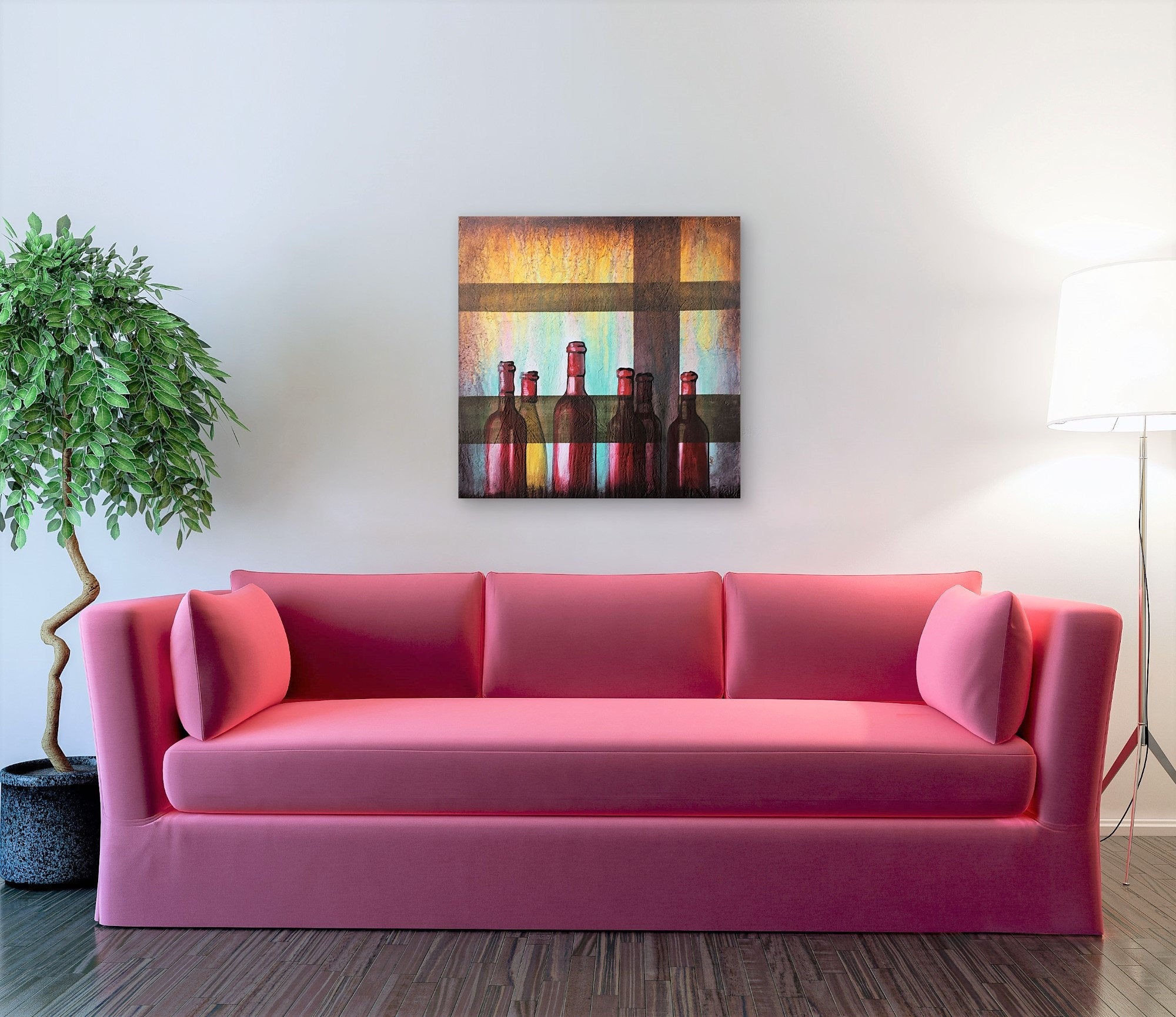 Red Wine Bottles Original Painting By Artist Rafi Perez Mixed Medium Textured On Canvas 30x30 - Image 2