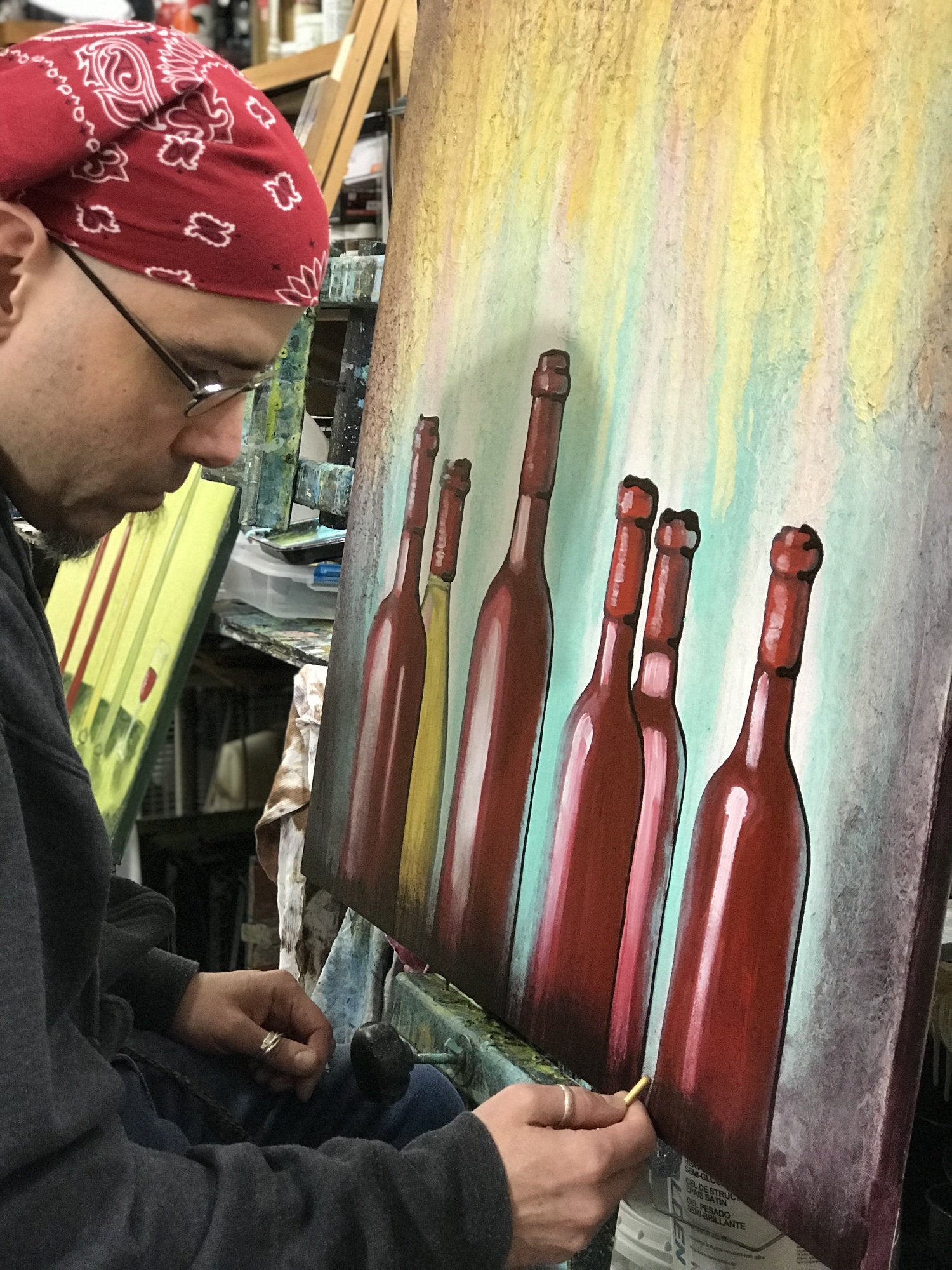 Red Wine Bottles Original Painting By Artist Rafi Perez Mixed Medium Textured On Canvas 30x30 - Image 7