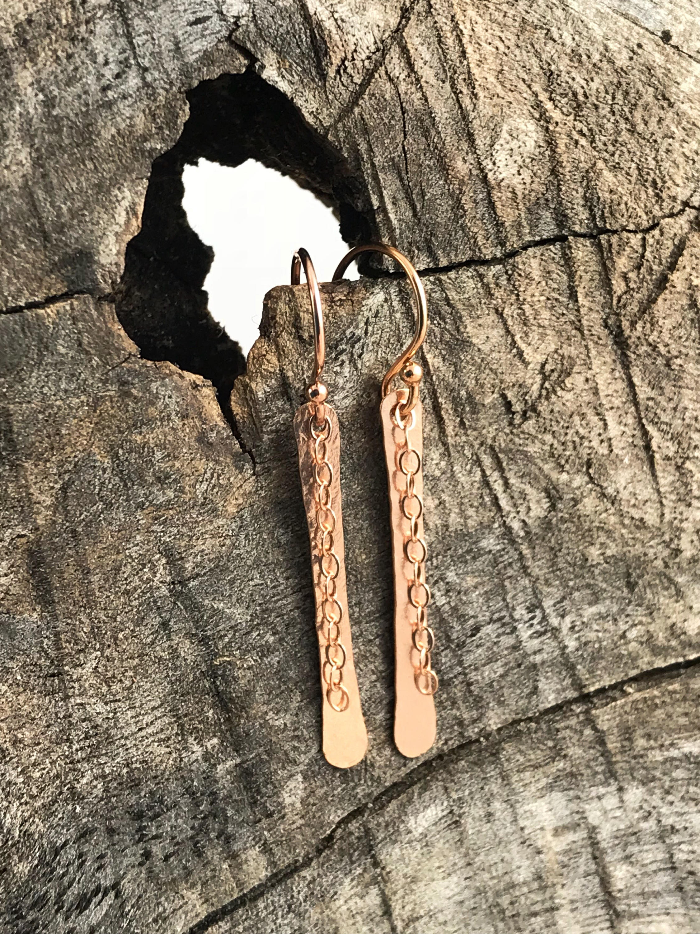 Shimmer Earrings / 14k Rose Gold Filled / Hammer Forged / Stick Chain Earrings - Image 4