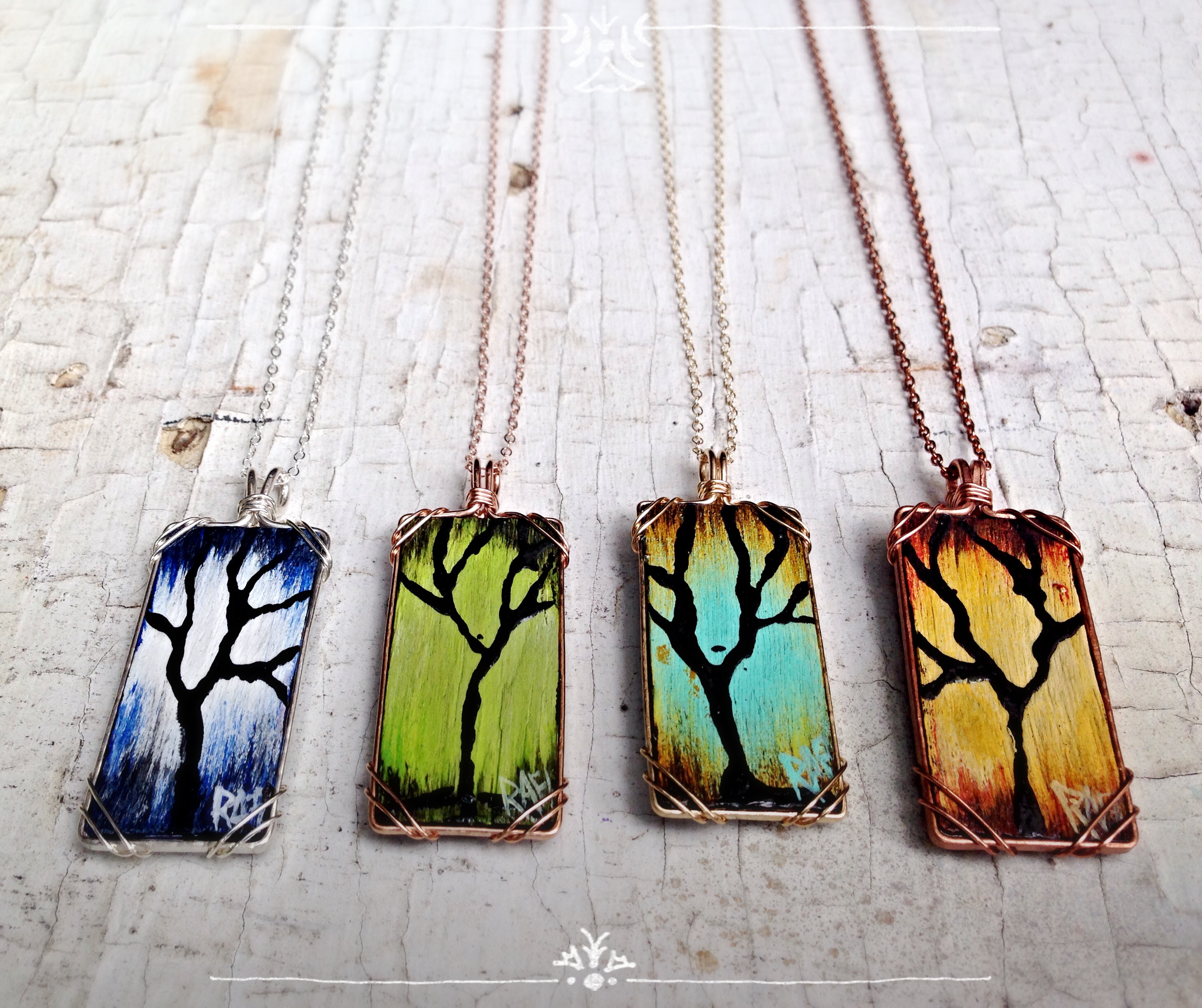 Seasons Of Change / Hand Painted Tree Necklace On Wood / Rafi And Klee Collaboration / Original Art