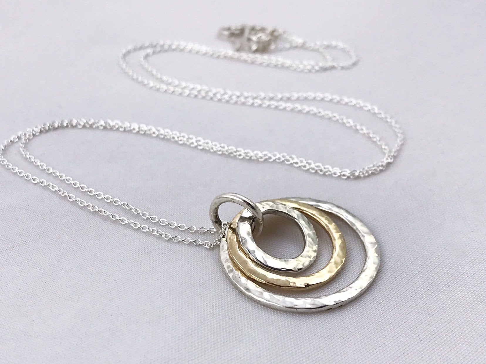 Three Circle Necklace / Solid Sterling Silver / Solid 14k Gold / Rustic Hammer Forged Circles - Image 2