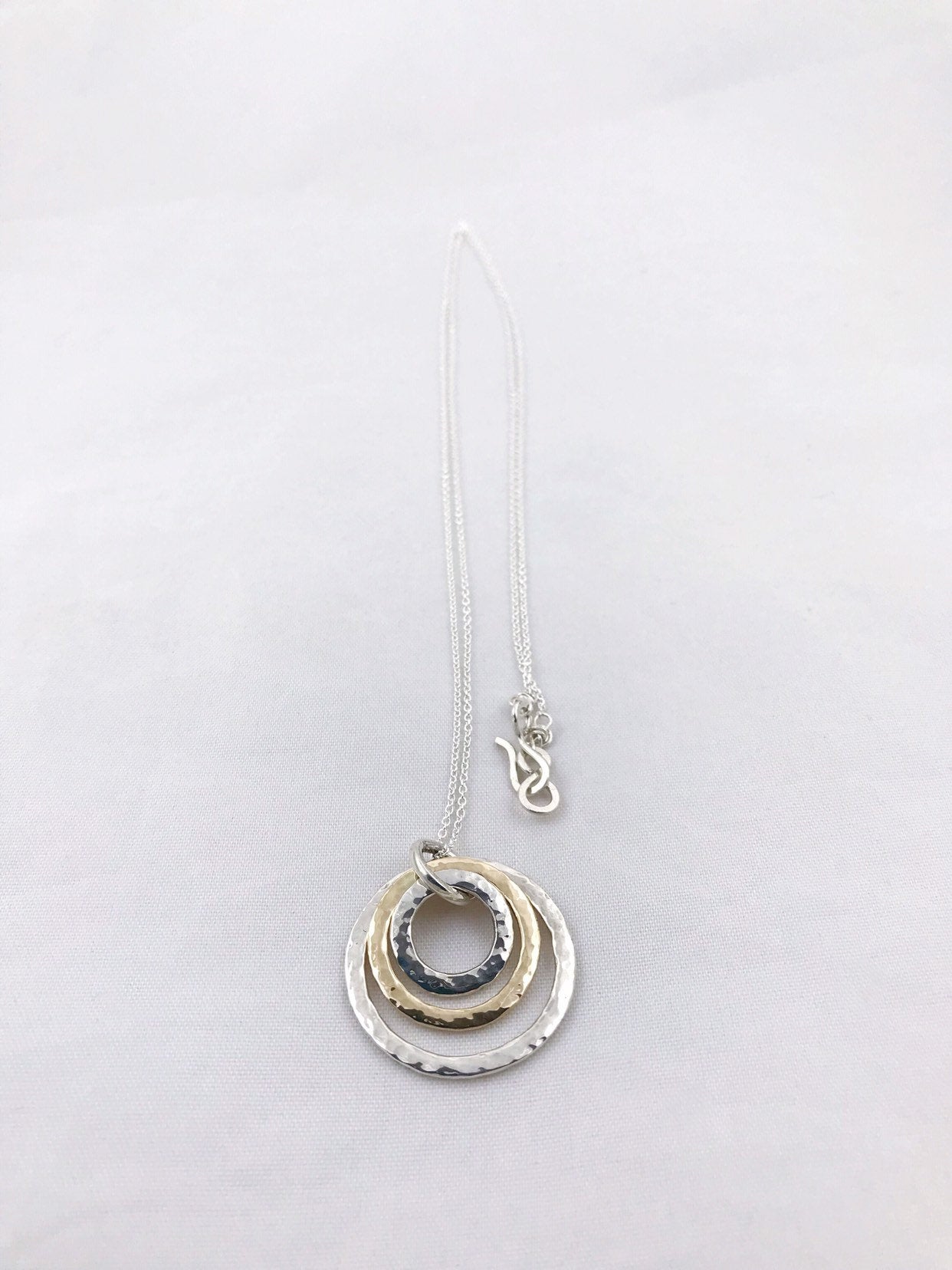 Three Circle Necklace / Solid Sterling Silver / Solid 14k Gold / Rustic Hammer Forged Circles - Image 3