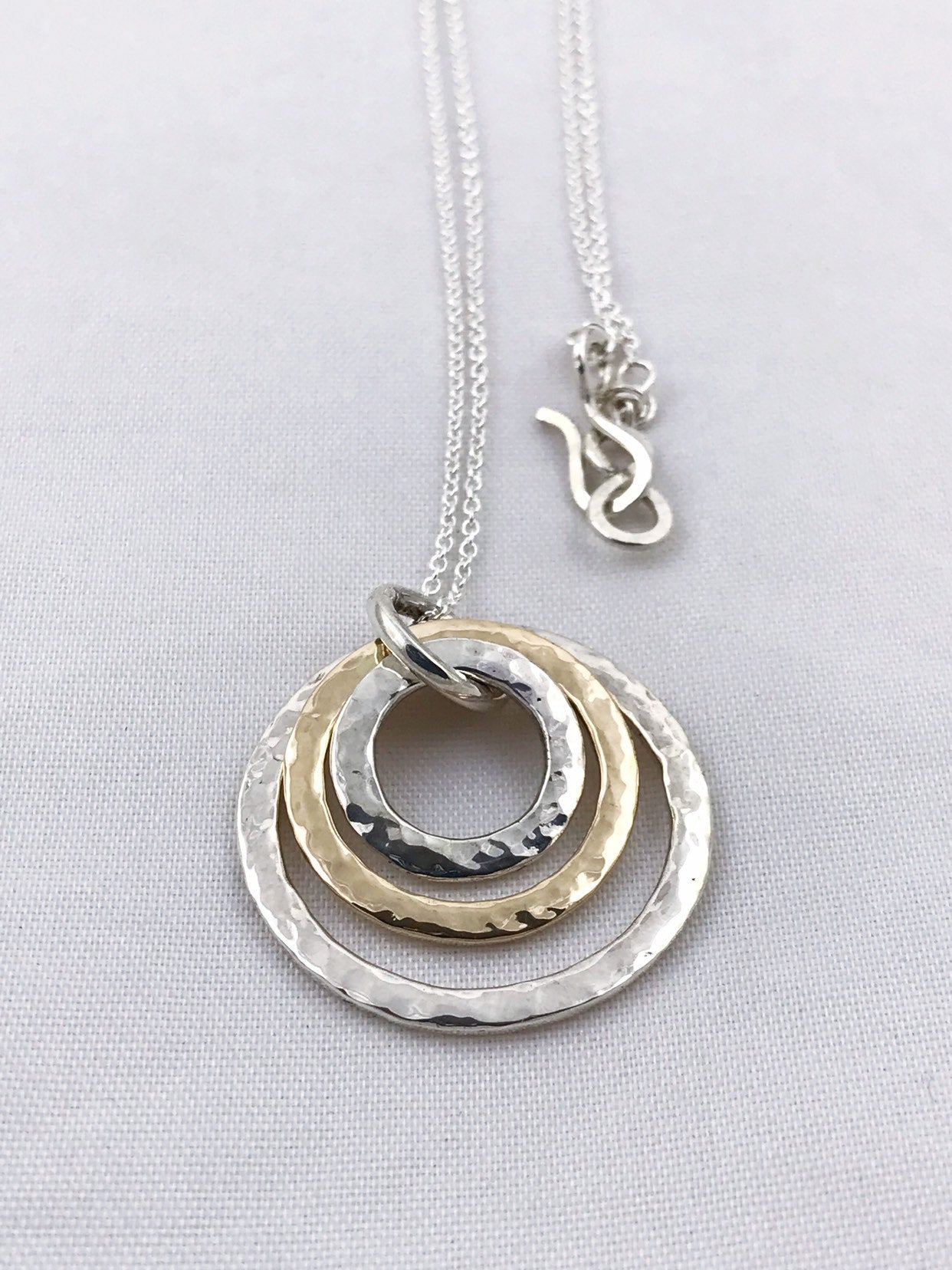 Three Circle Necklace / Solid Sterling Silver / Solid 14k Gold / Rustic Hammer Forged Circles - Image 4