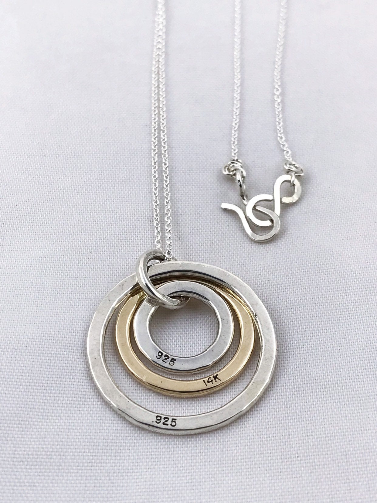 Three Circle Necklace / Solid Sterling Silver / Solid 14k Gold / Rustic Hammer Forged Circles - Image 5