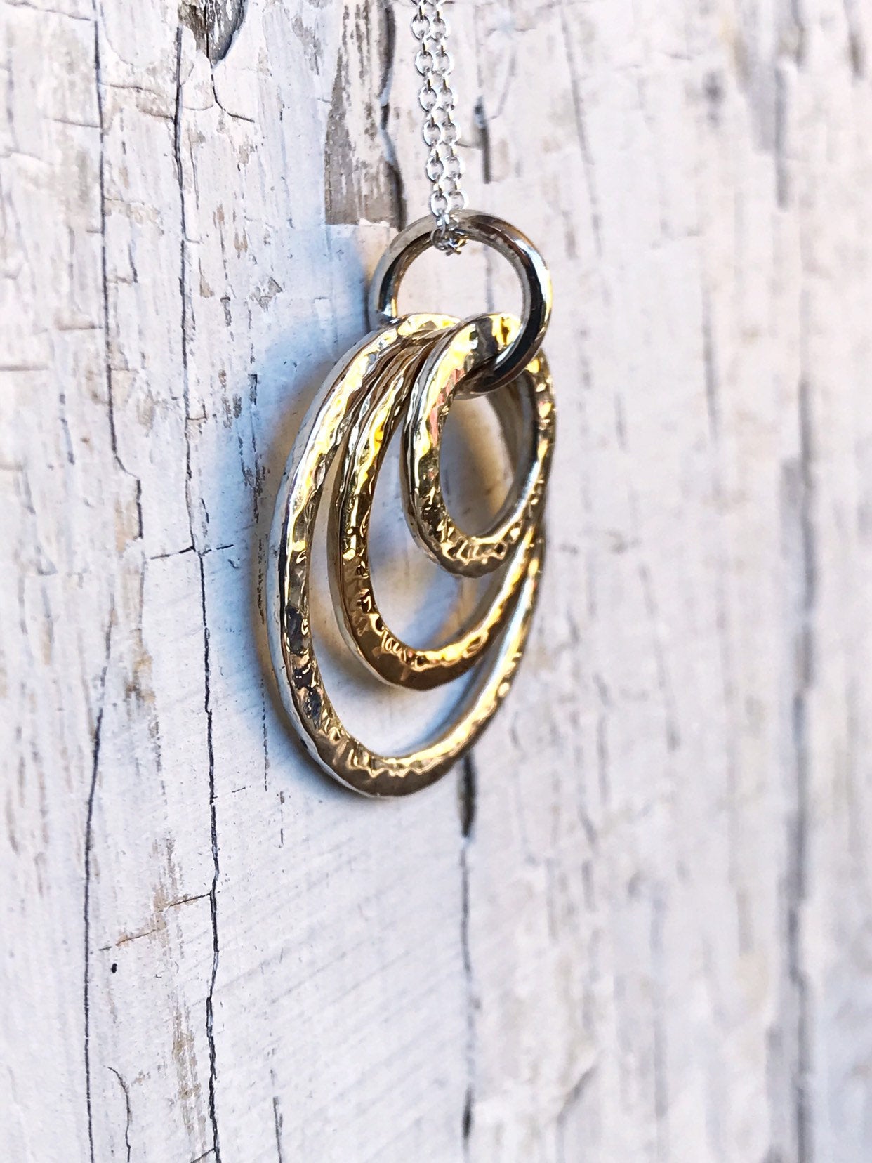 Three Circle Necklace / Solid Sterling Silver / Solid 14k Gold / Rustic Hammer Forged Circles - Image 7
