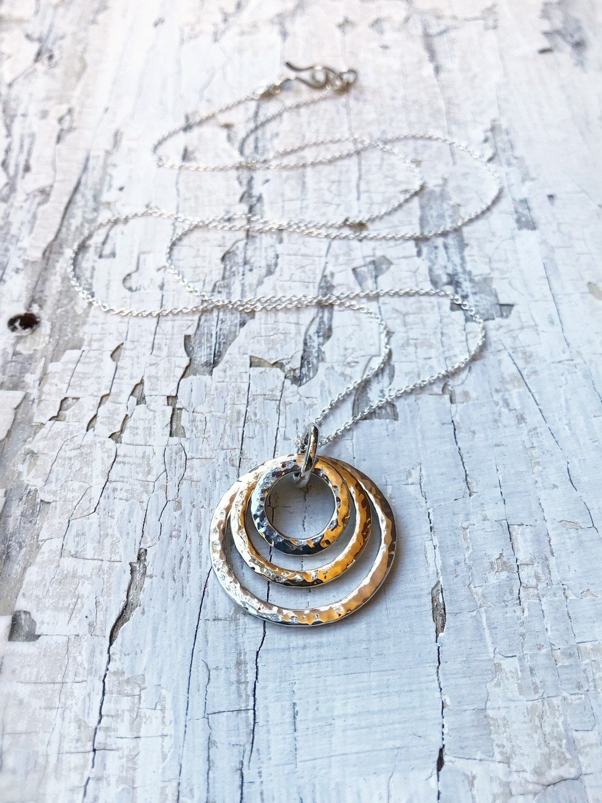 Three Circle Necklace / Solid Sterling Silver / Solid 14k Gold / Rustic Hammer Forged Circles - Image 8