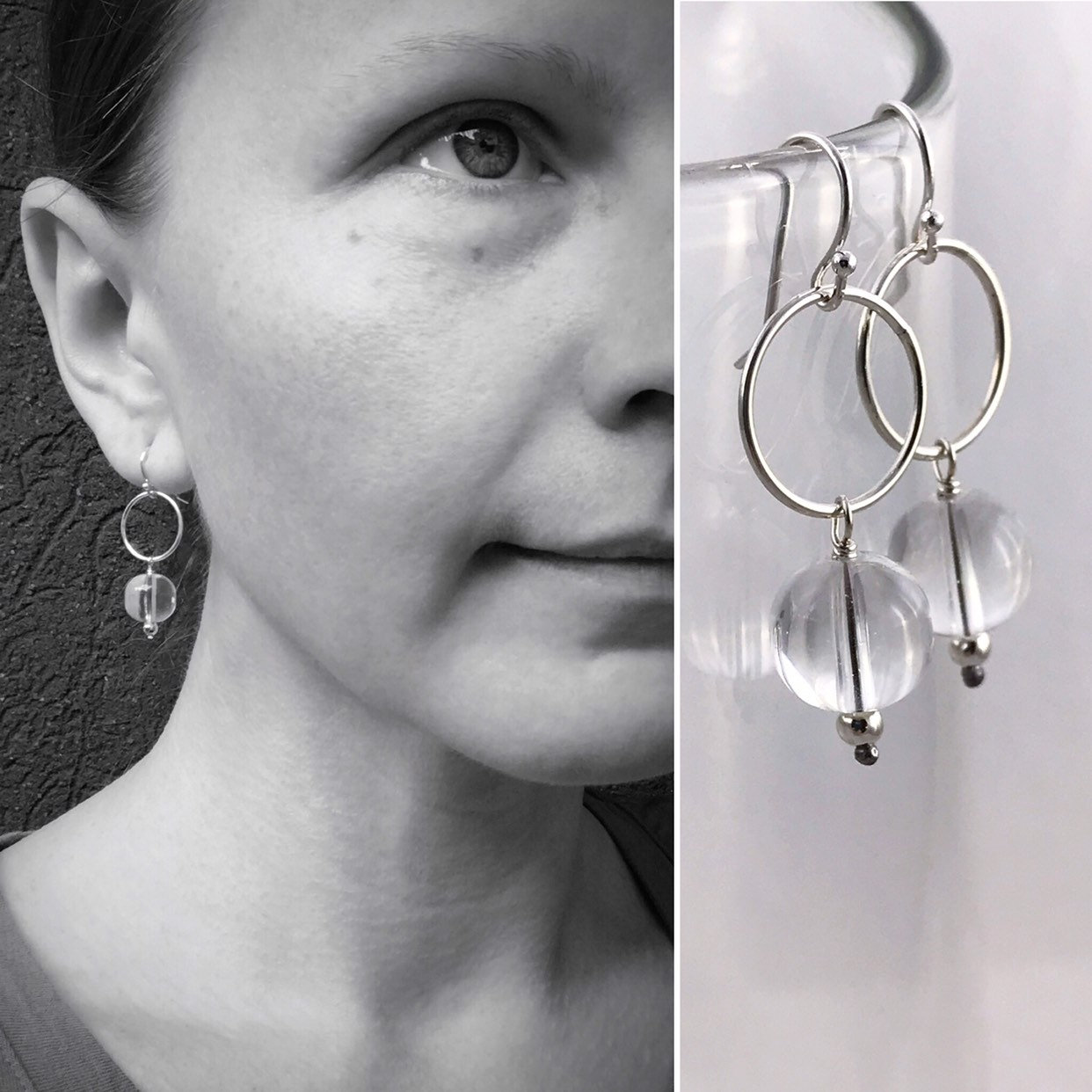 Silver Circle Quartz Crystal Earrings – Solid Sterling Silver – Round Quartz Crystal Orbs – Dangle Earrings – Pools Of Light – "Moon Circle"