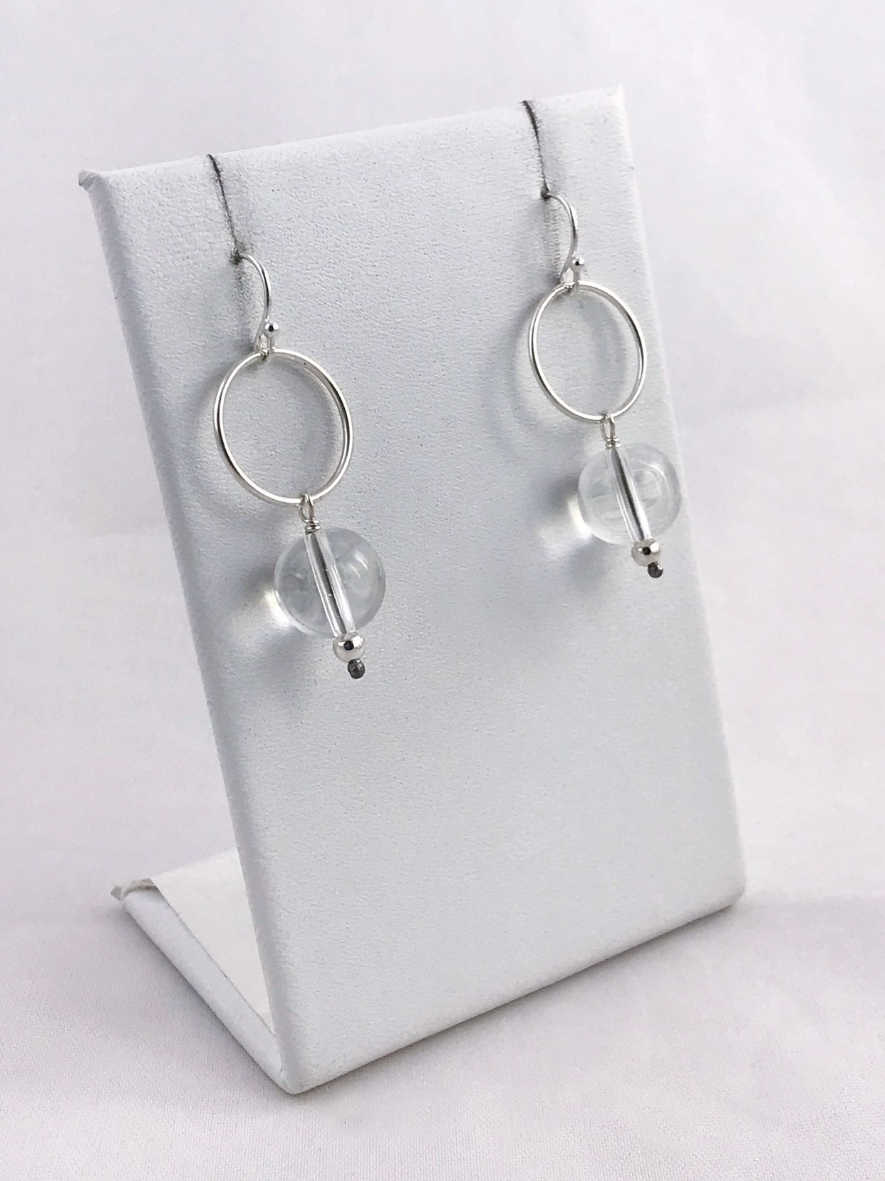 Silver Circle Quartz Crystal Earrings - Solid Sterling Silver - Round Quartz Crystal Orbs - Dangle Earrings - Pools Of Light - "Moon Circle" - Image 2