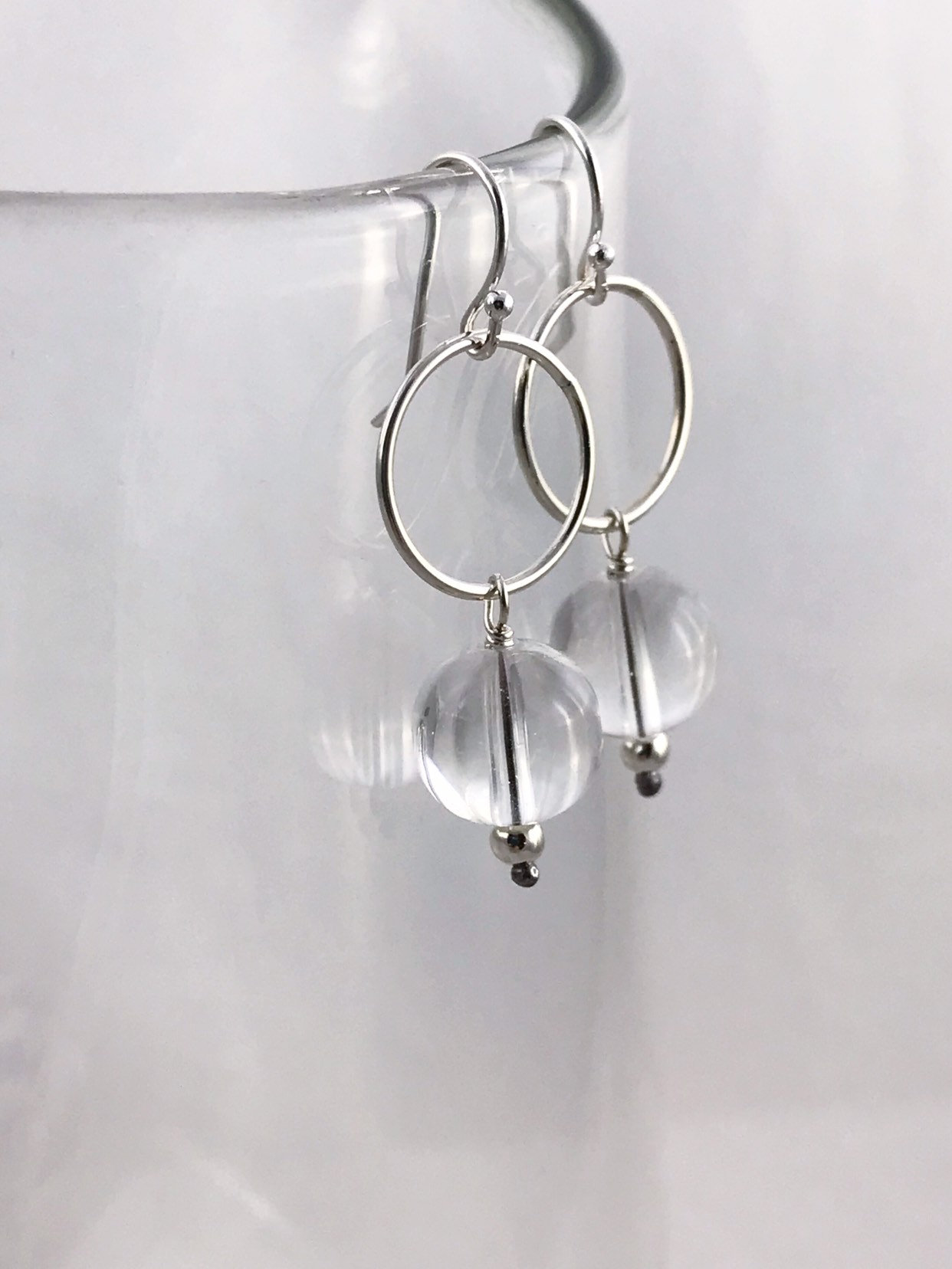 Silver Circle Quartz Crystal Earrings - Solid Sterling Silver - Round Quartz Crystal Orbs - Dangle Earrings - Pools Of Light - "Moon Circle" - Image 3