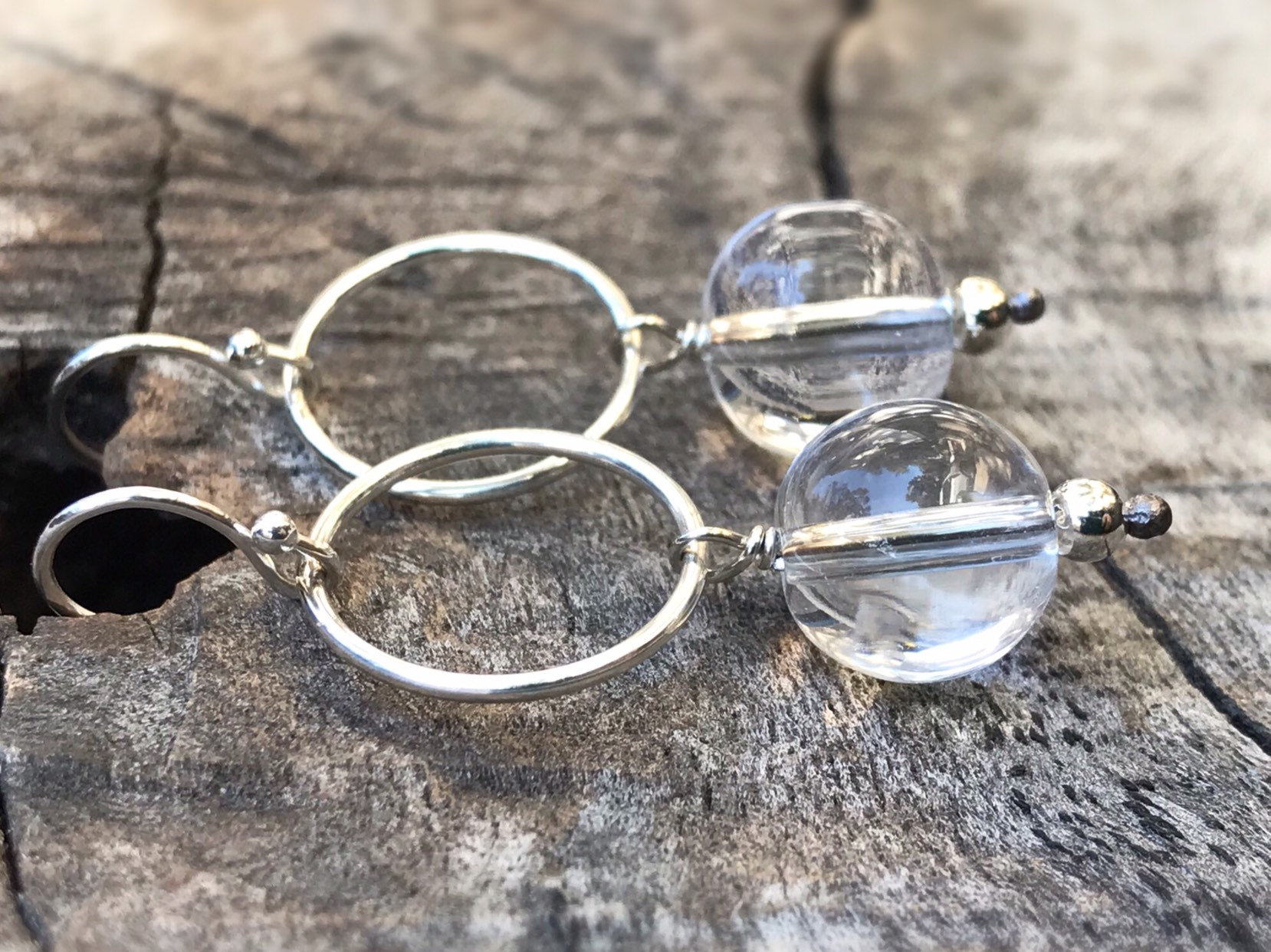 Silver Circle Quartz Crystal Earrings - Solid Sterling Silver - Round Quartz Crystal Orbs - Dangle Earrings - Pools Of Light - "Moon Circle" - Image 4