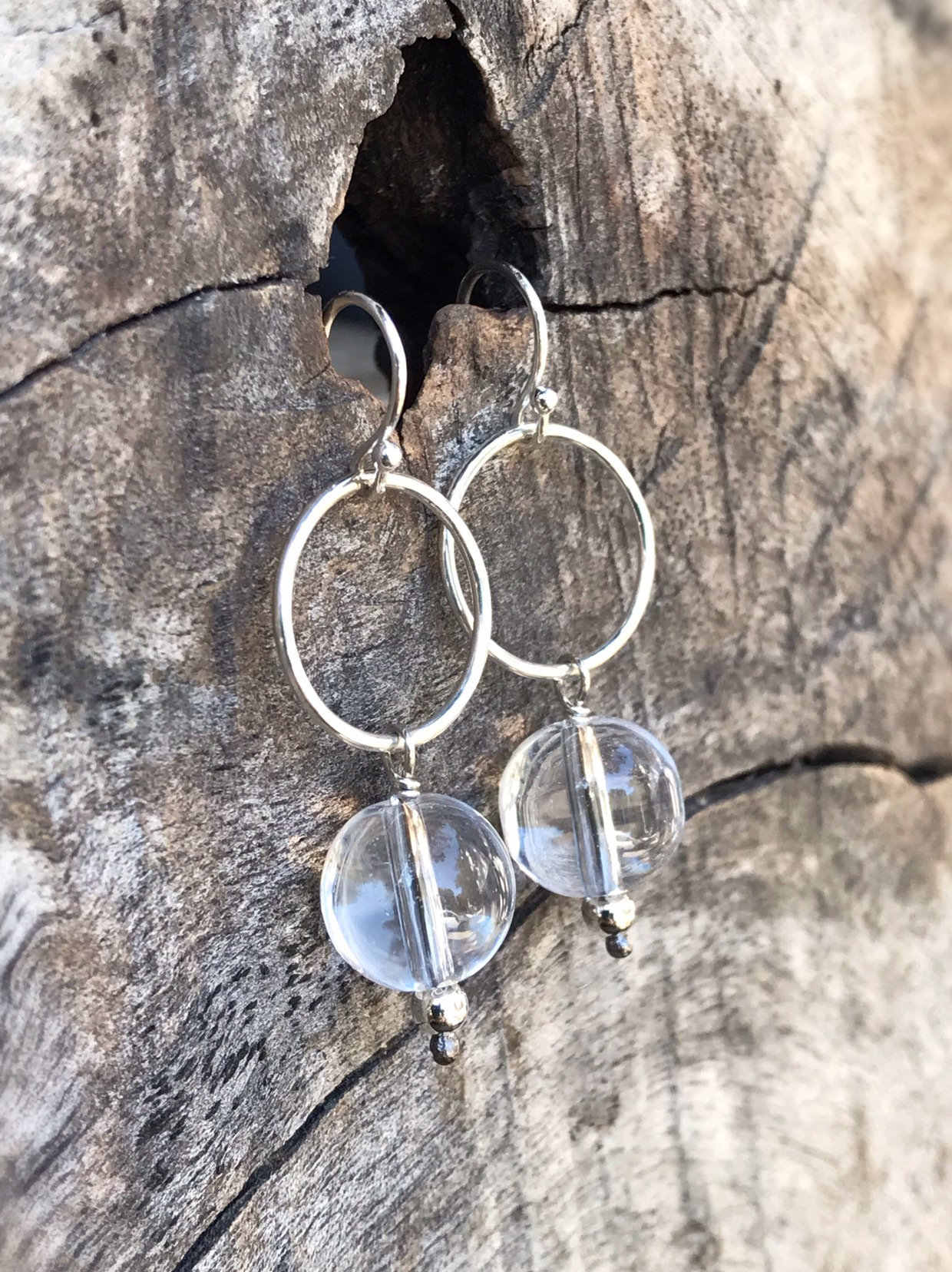 Silver Circle Quartz Crystal Earrings - Solid Sterling Silver - Round Quartz Crystal Orbs - Dangle Earrings - Pools Of Light - "Moon Circle" - Image 5