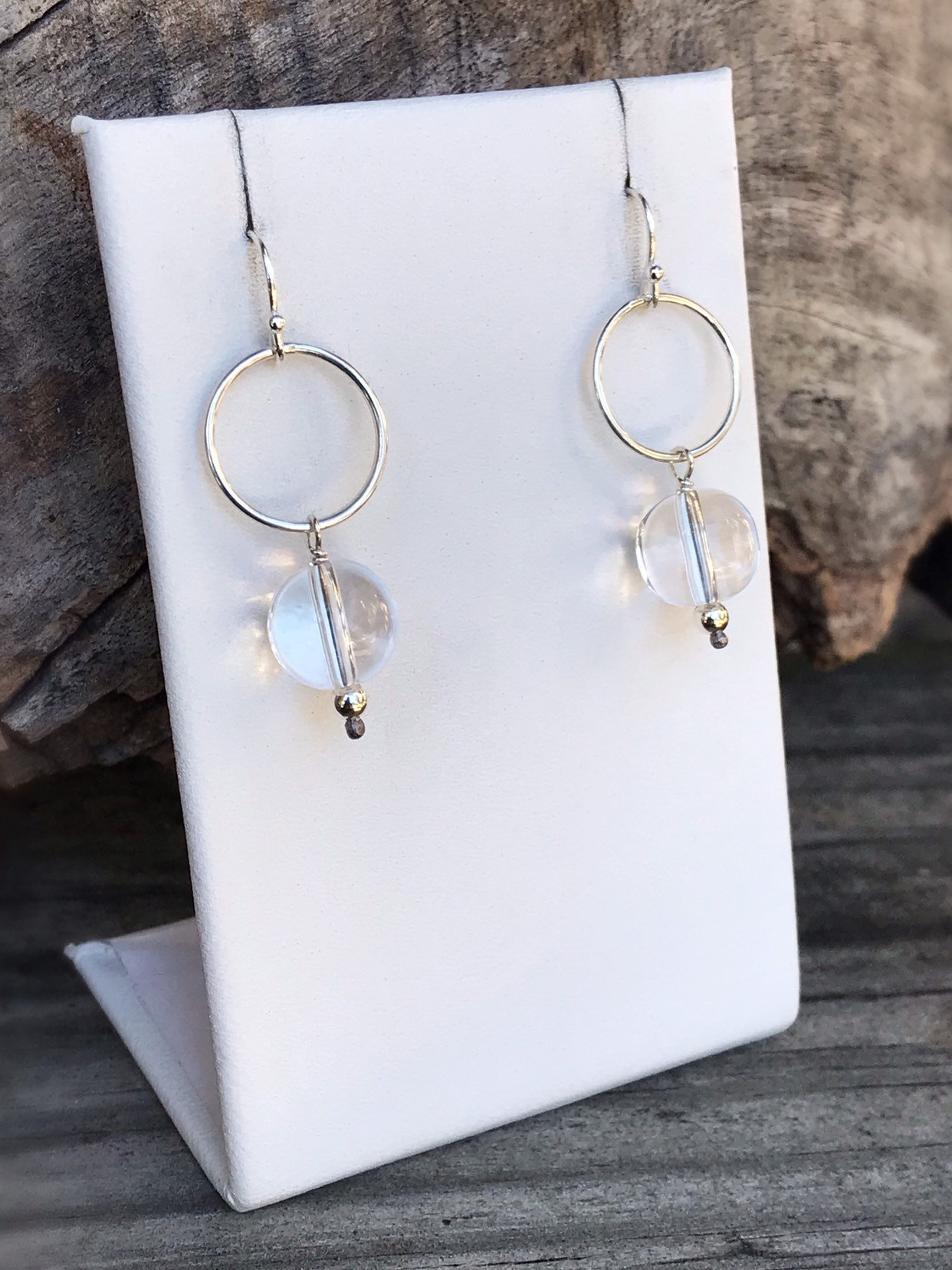 Silver Circle Quartz Crystal Earrings - Solid Sterling Silver - Round Quartz Crystal Orbs - Dangle Earrings - Pools Of Light - "Moon Circle" - Image 6