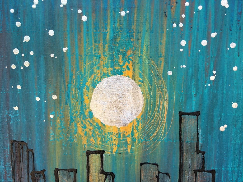 Silver Moonlight Original Painting By Artist Rafi Perez Mixed Medium On Canvas 24x30 - City Scape - Image 2