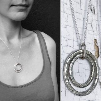 Two Circle Necklace / Solid Sterling Silver / Rustic Hammer Forged Nesting Circles