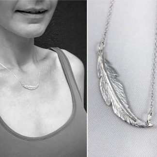 Feather Necklace / Solid Sterling Silver / Small Horizontal Curved Feather / Hand Forged Unique Feather