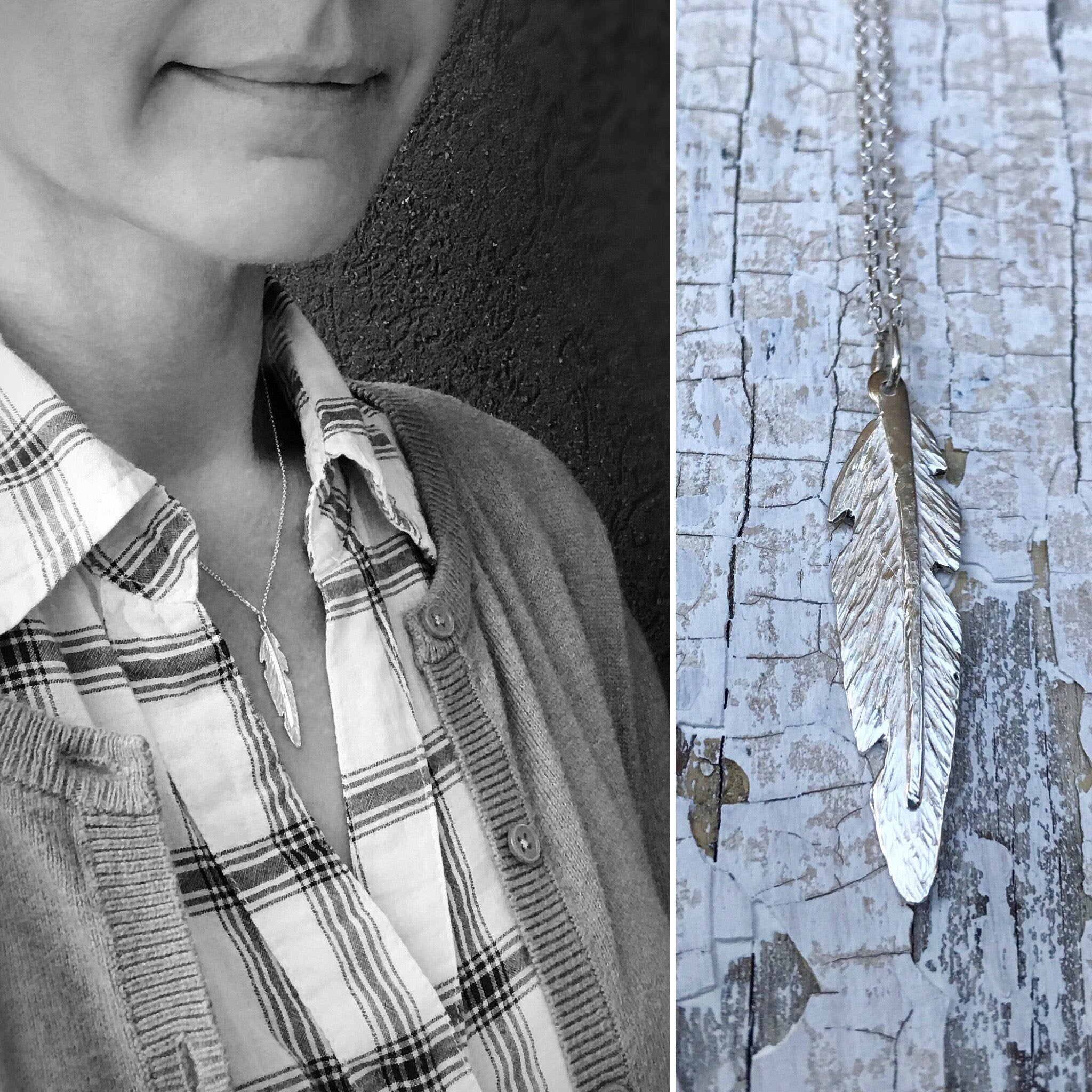 Feather Necklace / Solid Sterling Silver / Small Vertical Feather / Hand Forged Unique Feather / 18″ Chain