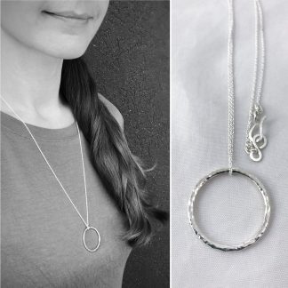 Floating Circle Necklace / Solid Sterling Silver / Rustic Hammer Forged Circle