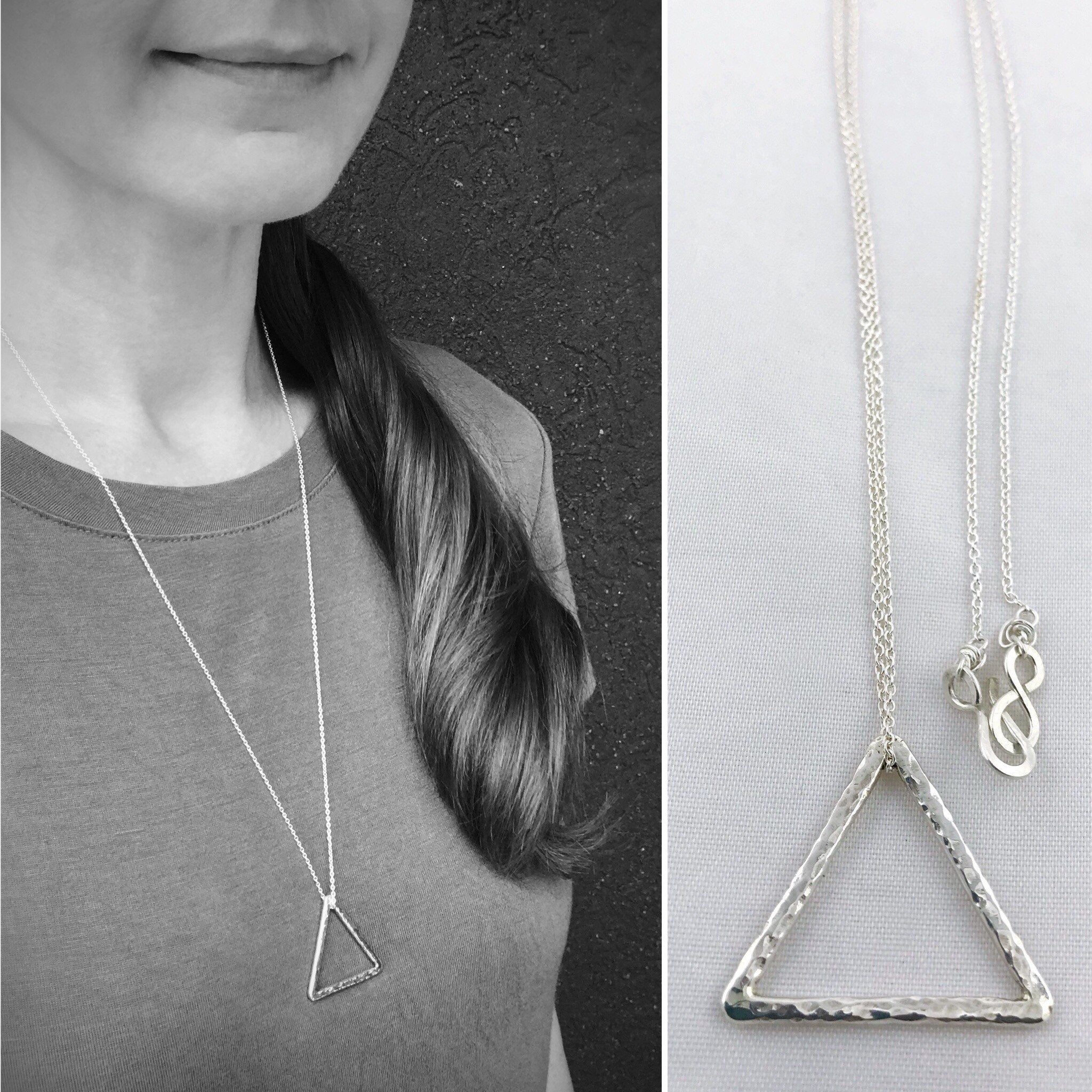 Floating Triangle Necklace / Solid Sterling Silver / Rustic Hammer Forged Triangle