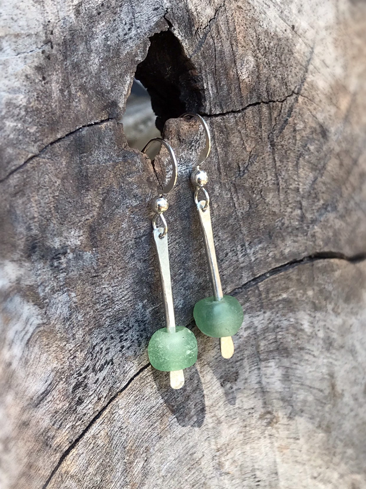 Green Glass Bar Earrings / Recycled Trade Glass / Solid Sterling Silver / Stick Earrings - Image 2
