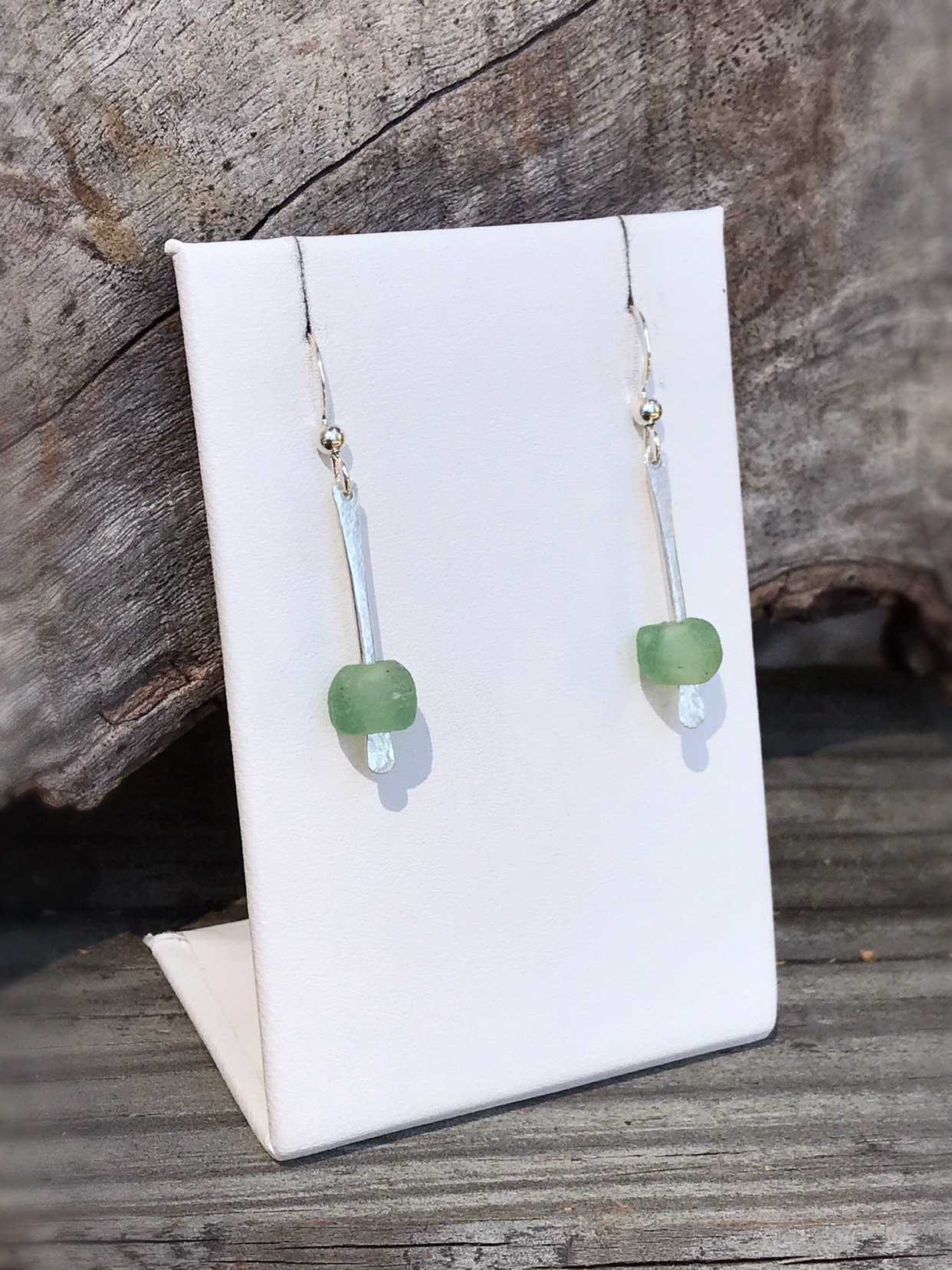 Green Glass Bar Earrings / Recycled Trade Glass / Solid Sterling Silver / Stick Earrings - Image 3