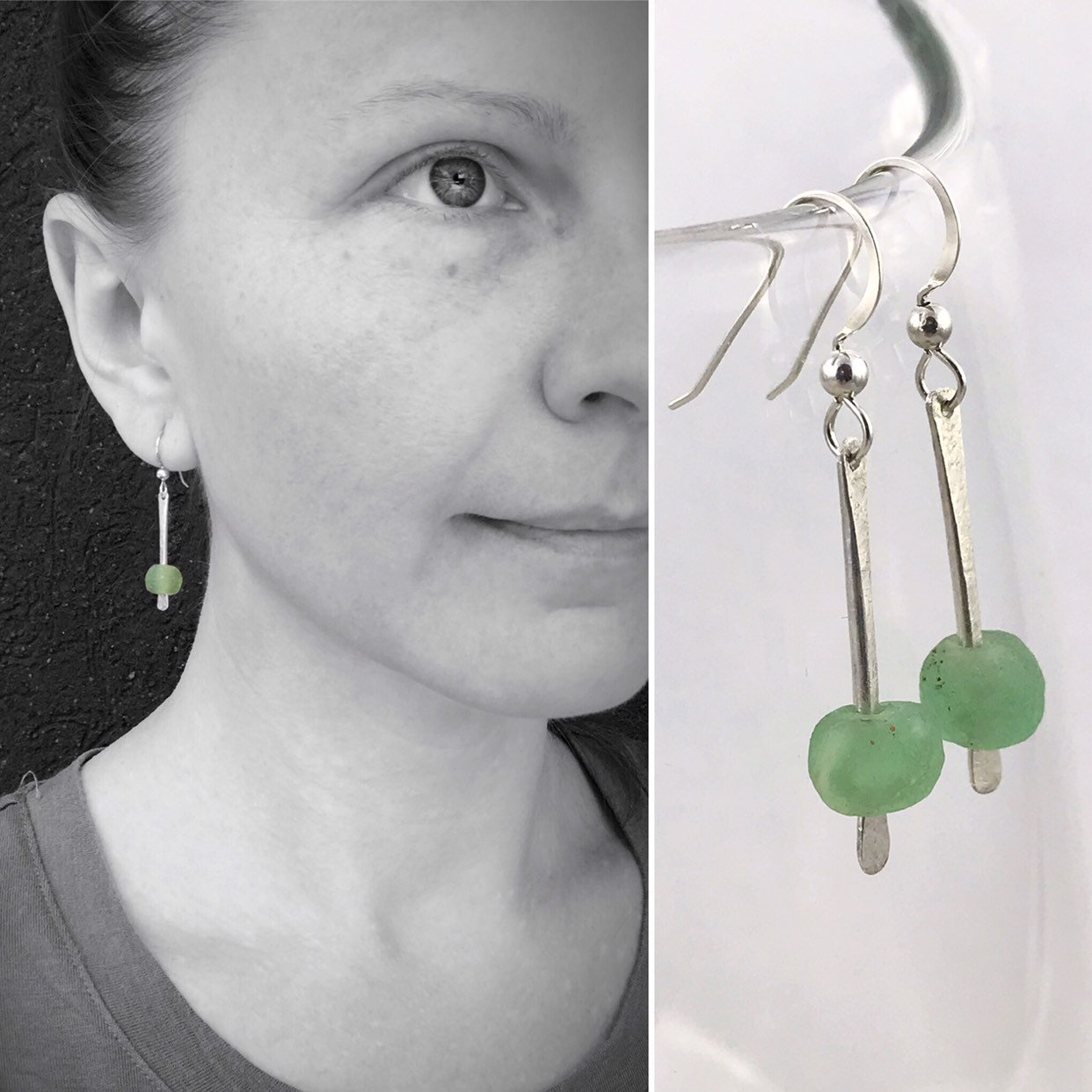 Green Glass Bar Earrings / Recycled Trade Glass / Solid Sterling Silver / Stick Earrings - Image 4