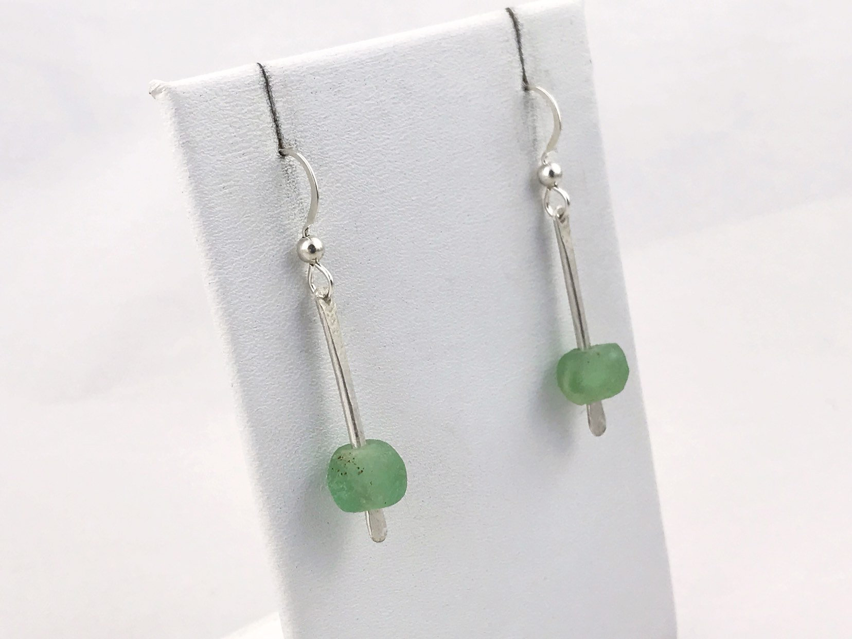Green Glass Bar Earrings / Recycled Trade Glass / Solid Sterling Silver / Stick Earrings - Image 6