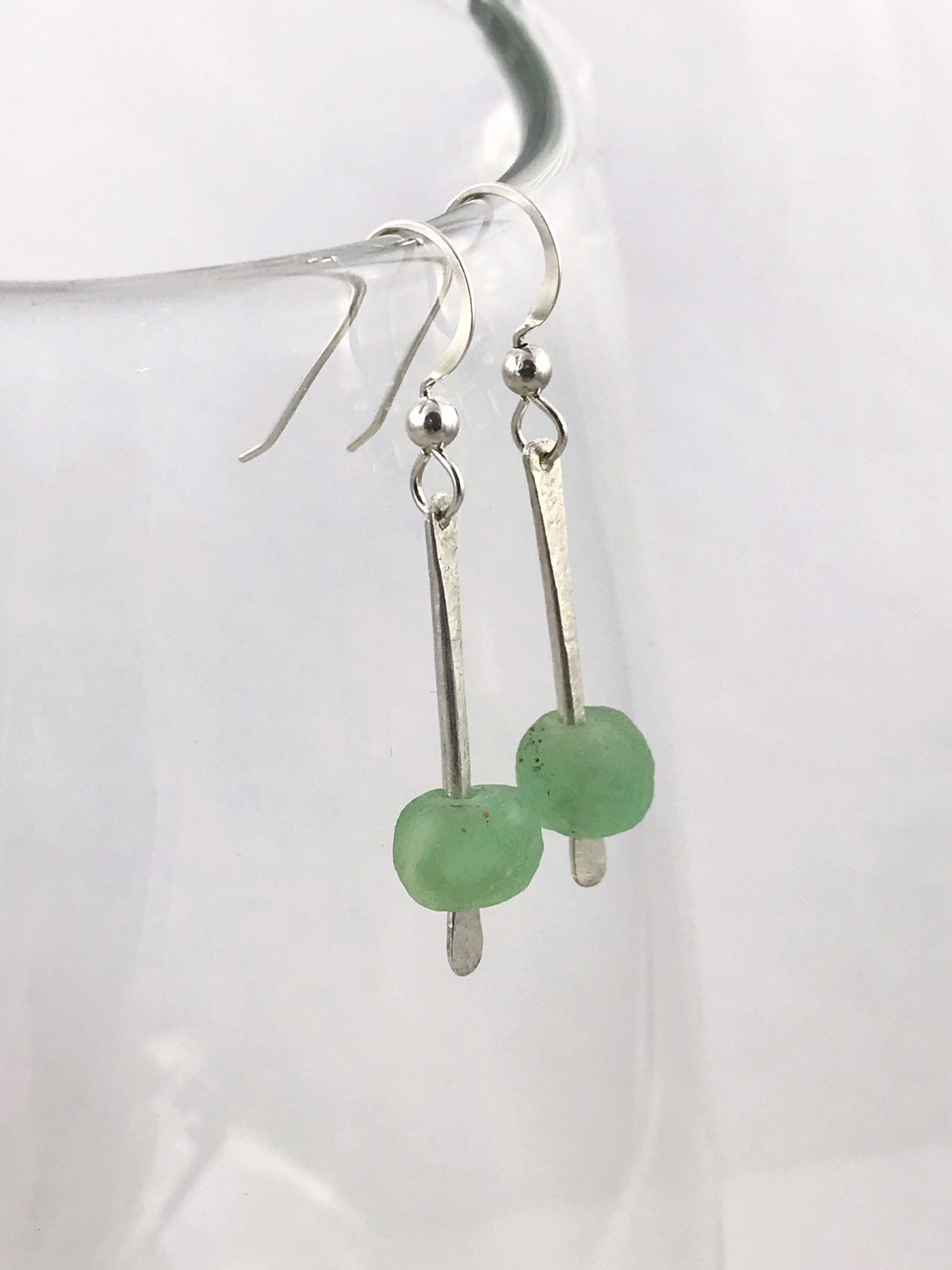 Green Glass Bar Earrings / Recycled Trade Glass / Solid Sterling Silver / Stick Earrings - Image 7