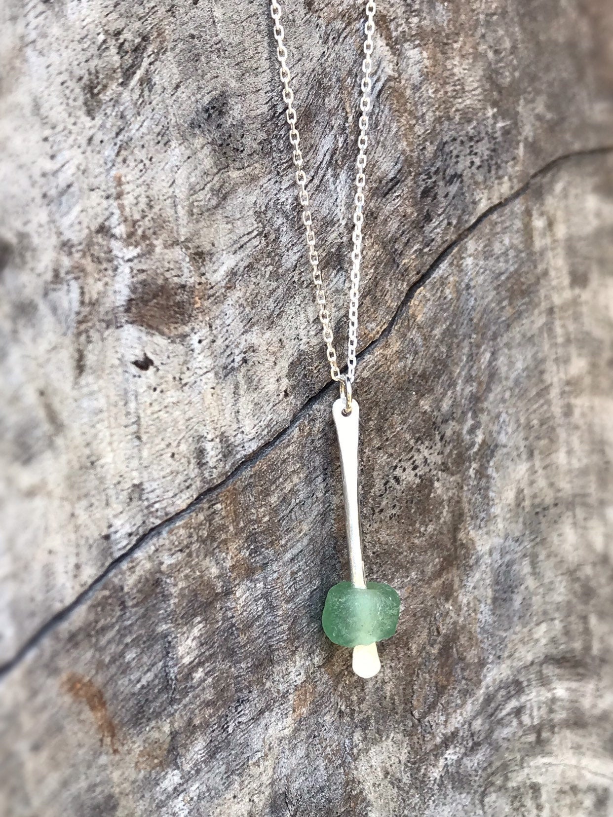 Green Glass Bar Necklace / Recycled Trade Glass / Solid Sterling Silver / Stick Necklace