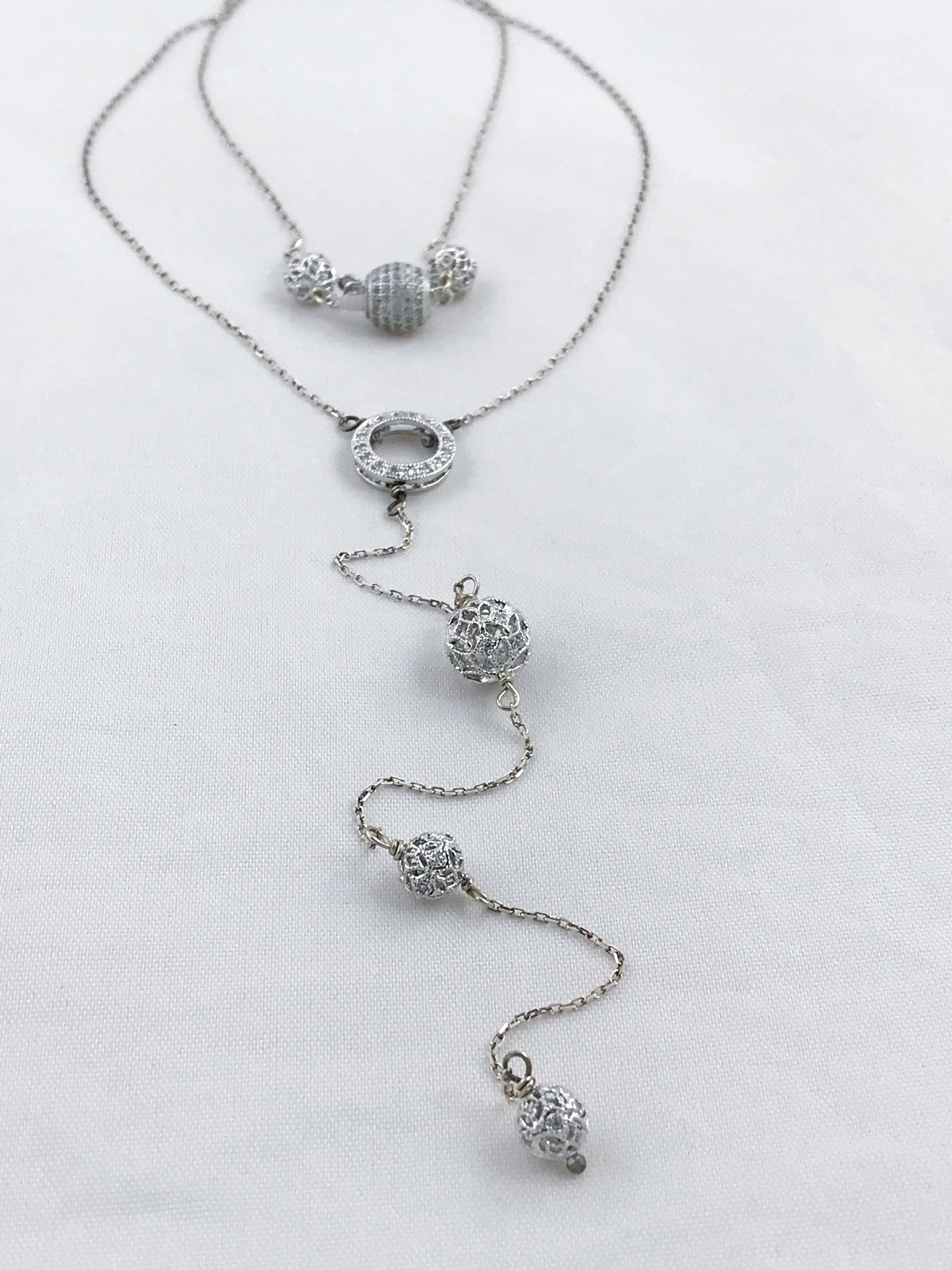 Sterling Silver Pave Crystal Y Style Necklace - Filigree Details - Cubic Zirconia Pave Inlay - Solid Sterling Silver- Art Deco Inspired - Image 5