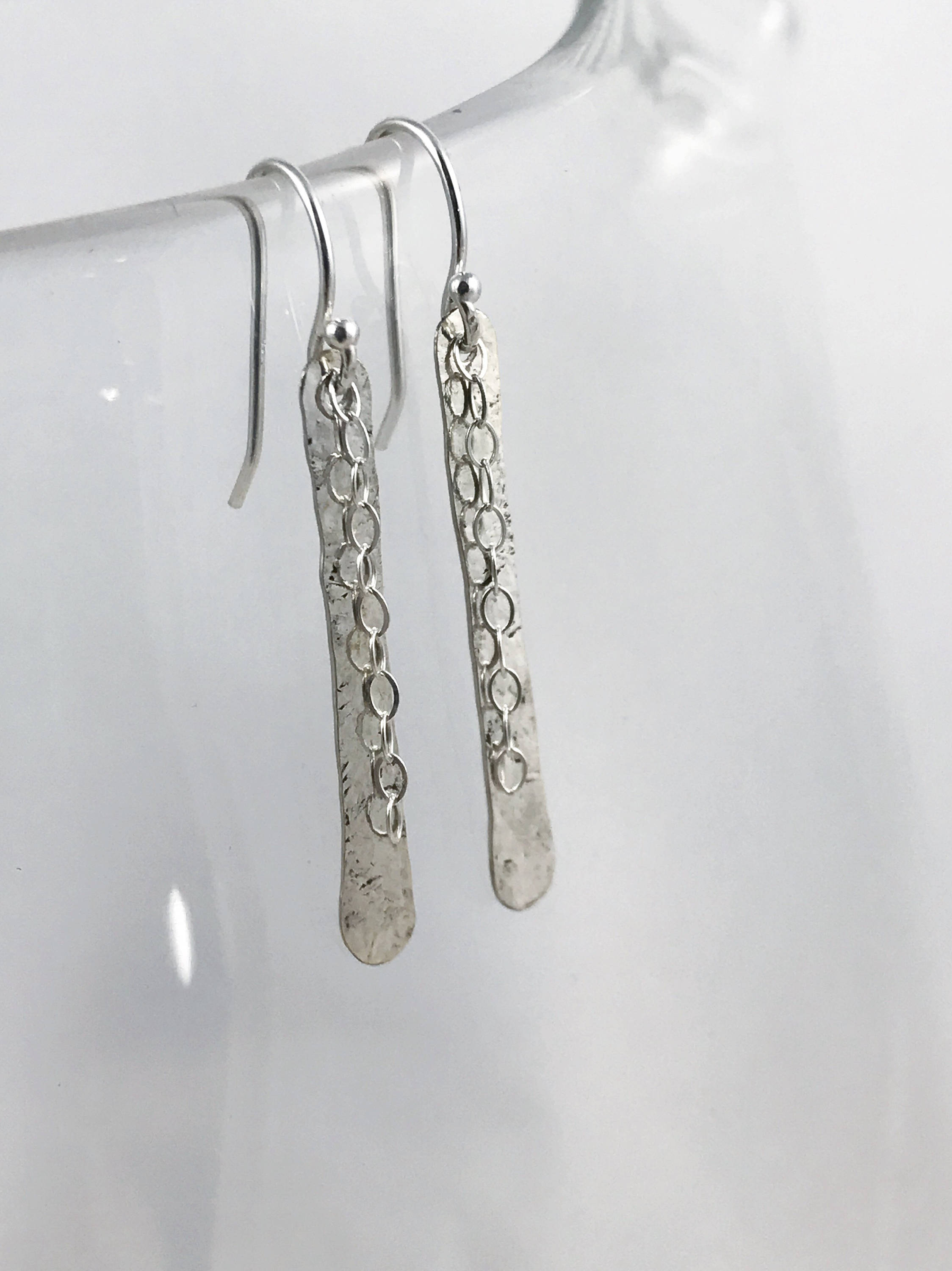 Shimmer Earrings / Solid Sterling Silver / Hammer Forged / Stick Chain Earrings - Image 2