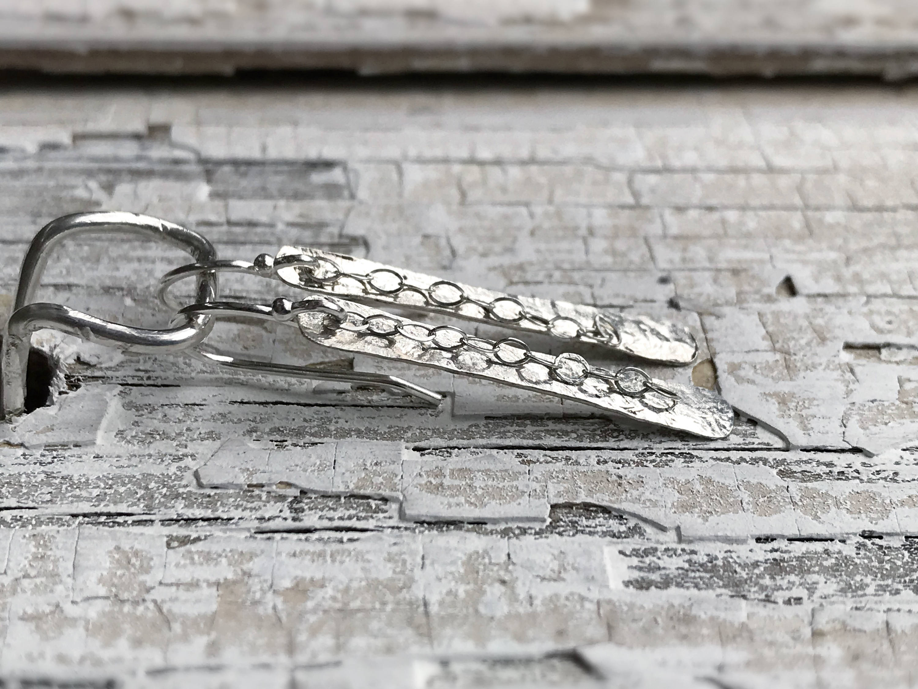 Shimmer Earrings / Solid Sterling Silver / Hammer Forged / Stick Chain Earrings - Image 6