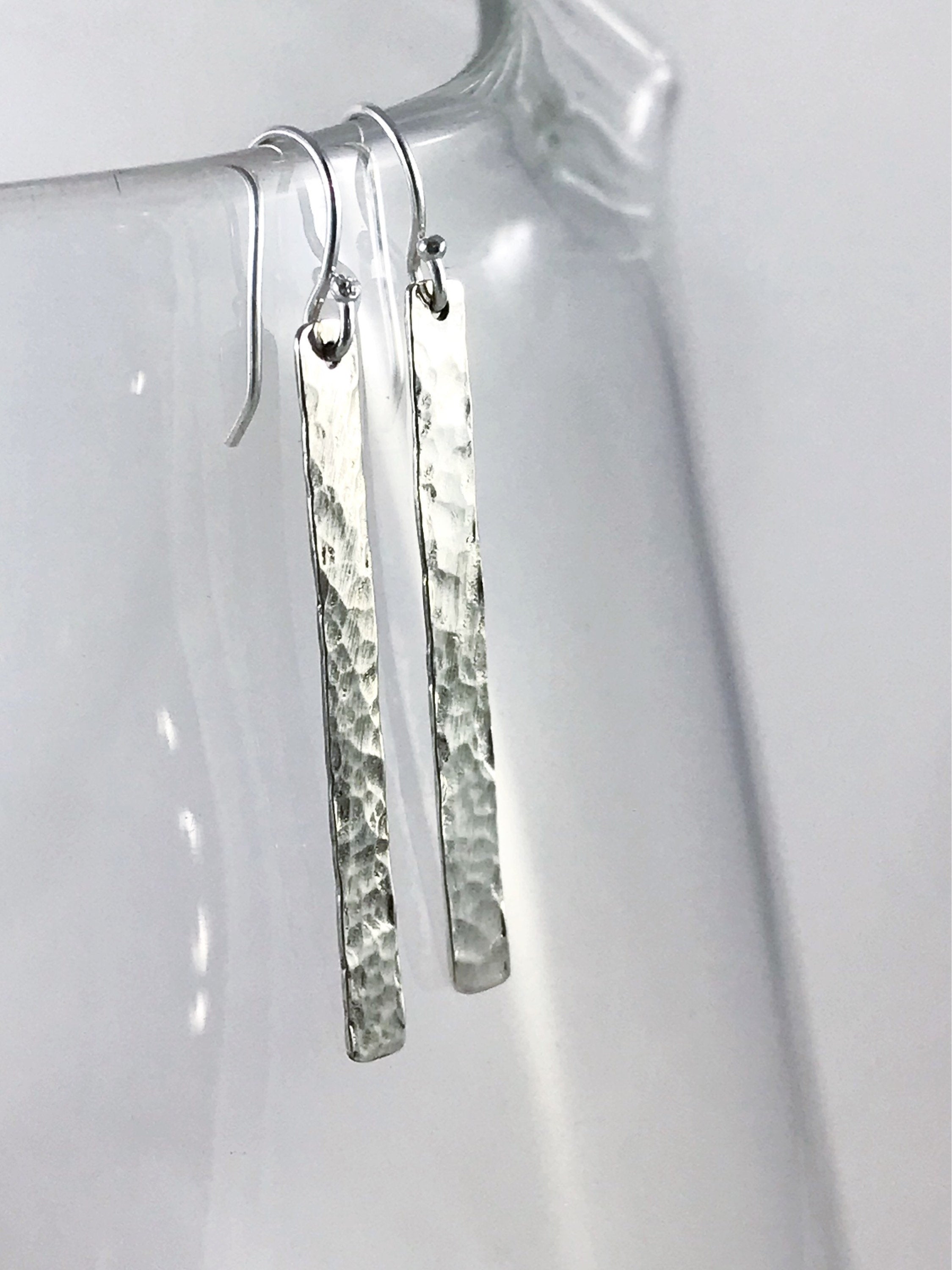 Lightweight Vertical Bar Earrings / Solid Sterling Silver / Classic Hammered Stick Earrings - Image 2