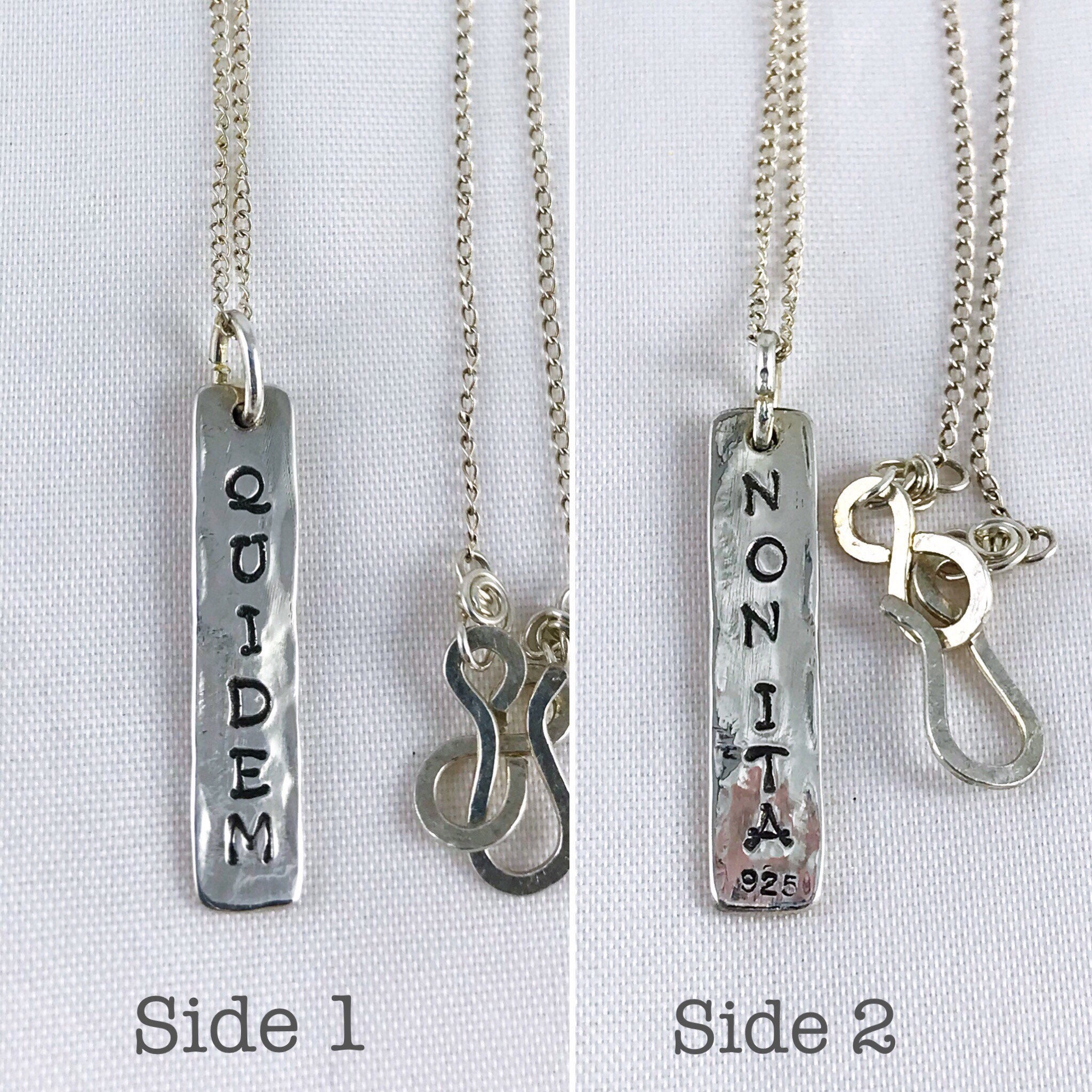 Sterling Silver Vertical Bar Necklace - Double Sided Stamping - Reversible - Hammer Formed - Rustic Texture - Hand Wrought - Personalized - Image 3