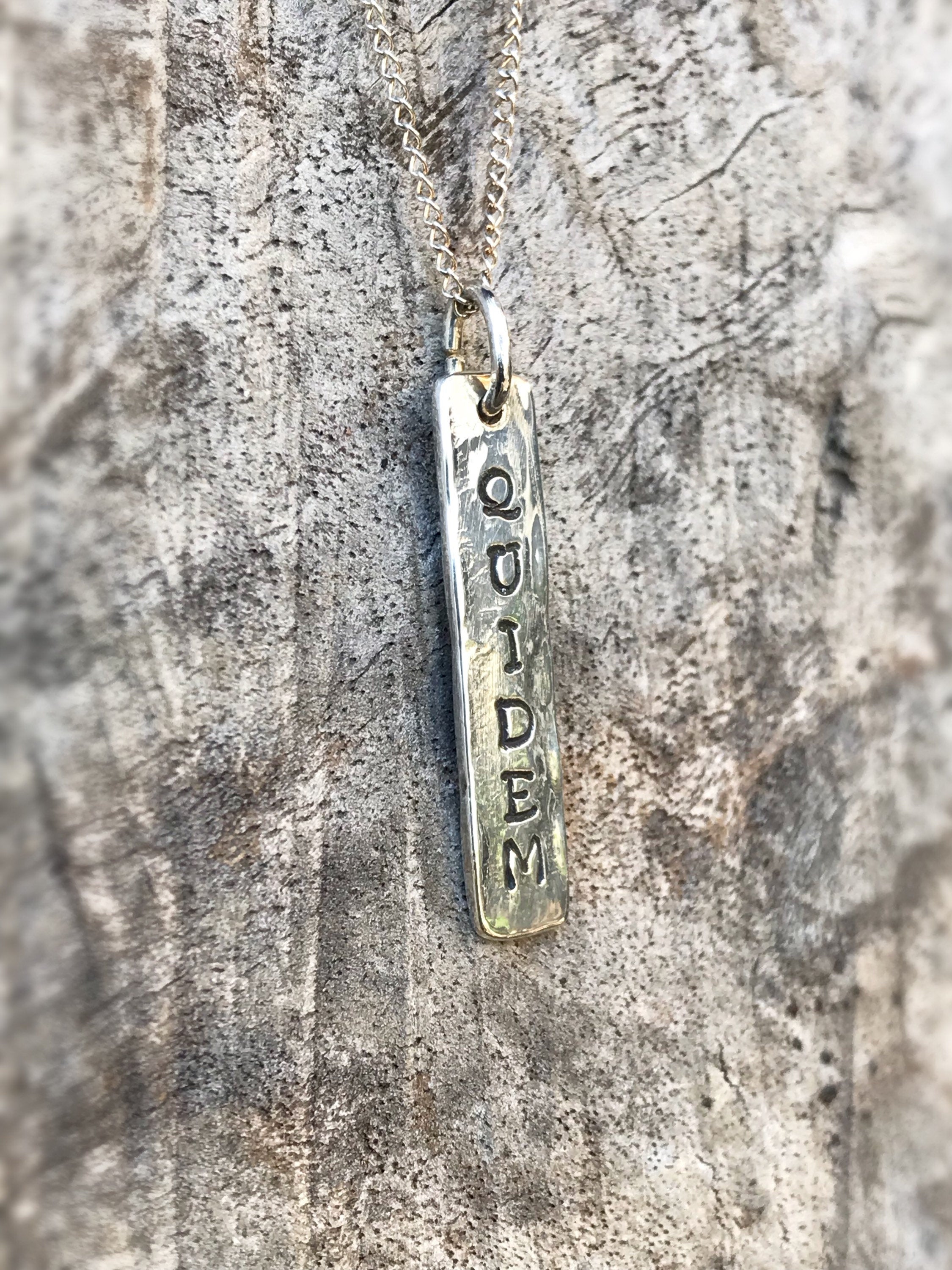 Sterling Silver Vertical Bar Necklace - Double Sided Stamping - Reversible - Hammer Formed - Rustic Texture - Hand Wrought - Personalized - Image 4