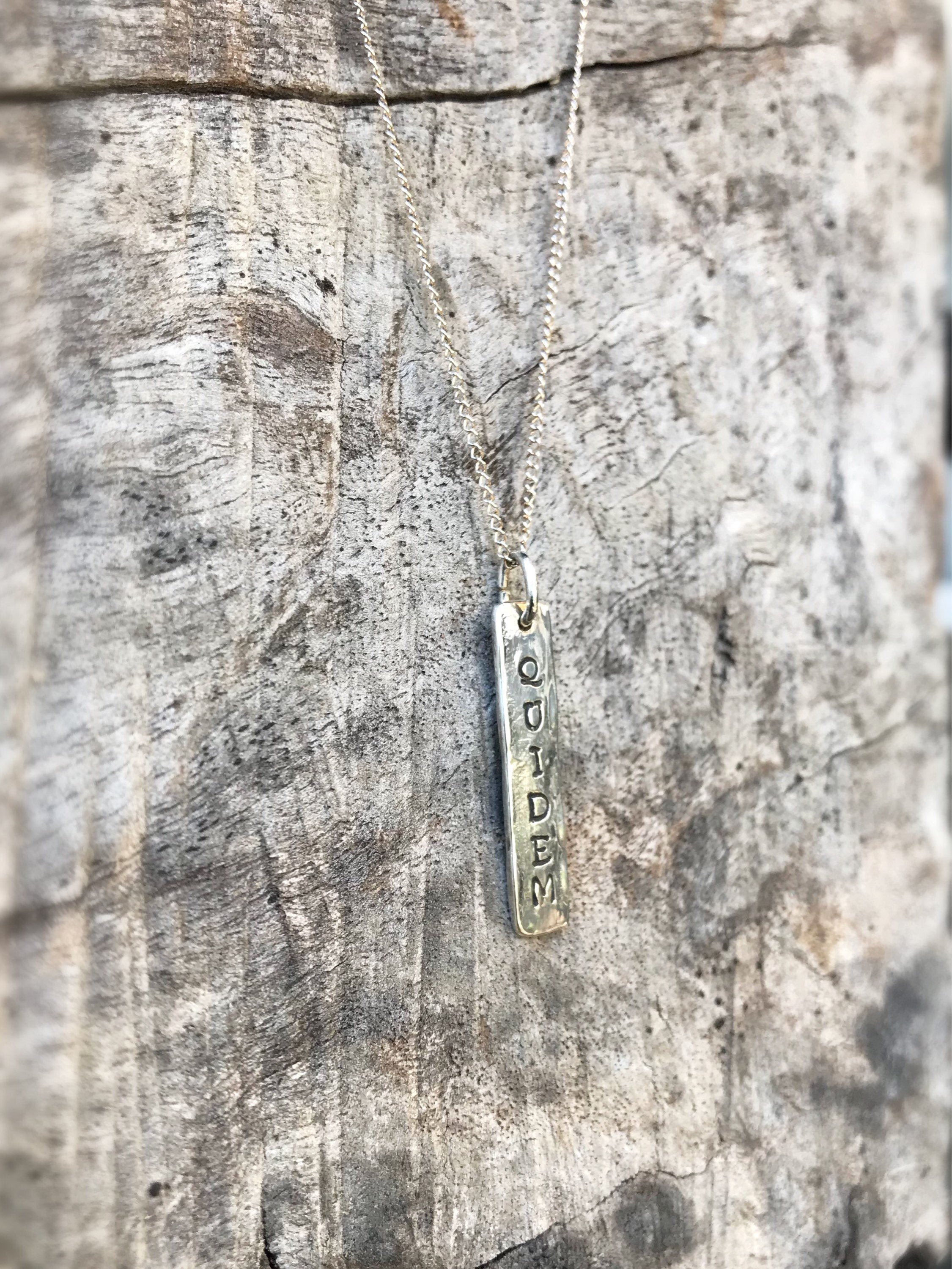 Sterling Silver Vertical Bar Necklace - Double Sided Stamping - Reversible - Hammer Formed - Rustic Texture - Hand Wrought - Personalized - Image 5