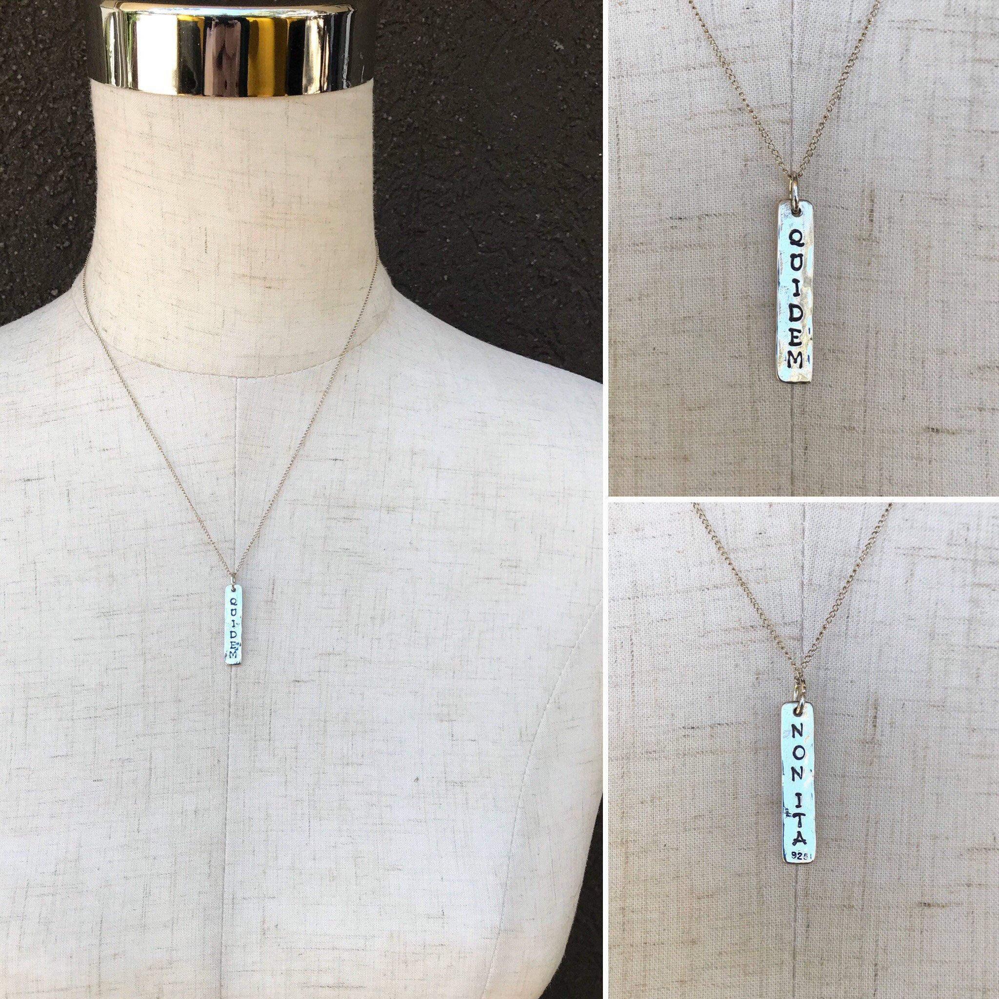 Sterling Silver Vertical Bar Necklace - Double Sided Stamping - Reversible - Hammer Formed - Rustic Texture - Hand Wrought - Personalized - Image 7