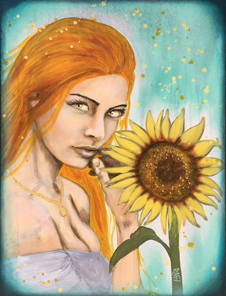 Sultry Golden Sunflower Original Painting By Artist Rafi Perez Mixed Medium And Gold Leaf On Canvas 18×24