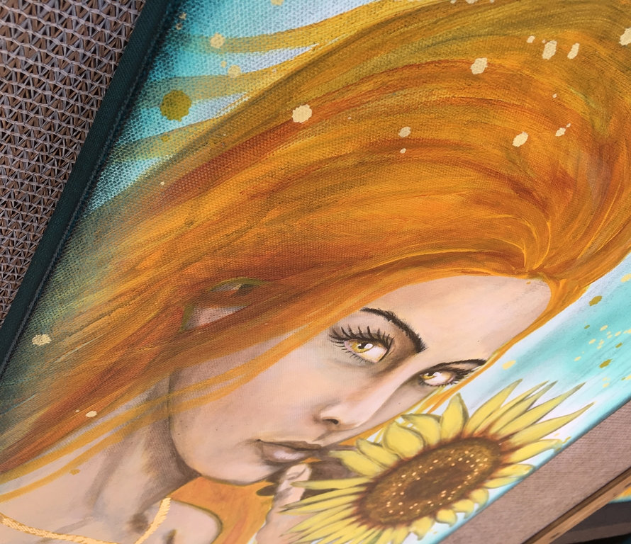 Sultry Golden Sunflower Original Painting By Artist Rafi Perez Mixed Medium And Gold Leaf On Canvas 18x24 - Image 4