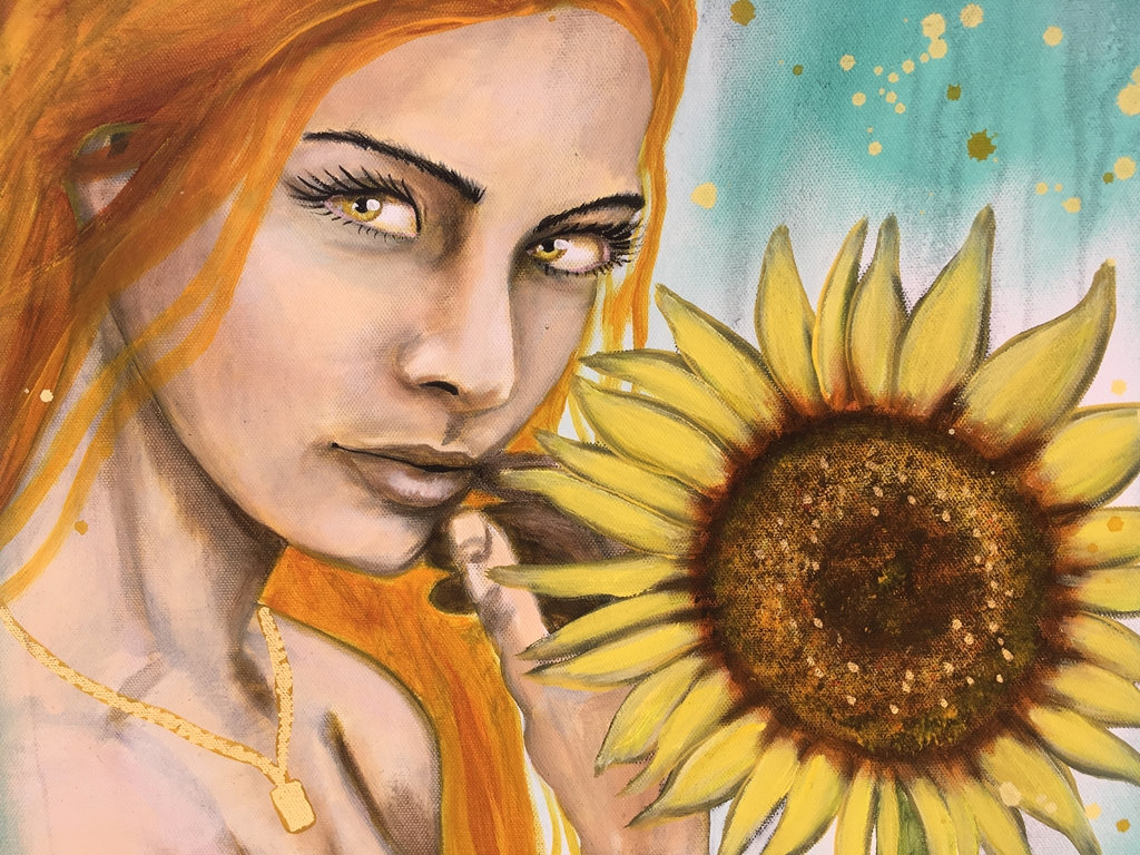 Sultry Golden Sunflower Original Painting By Artist Rafi Perez Mixed Medium And Gold Leaf On Canvas 18x24 - Image 5