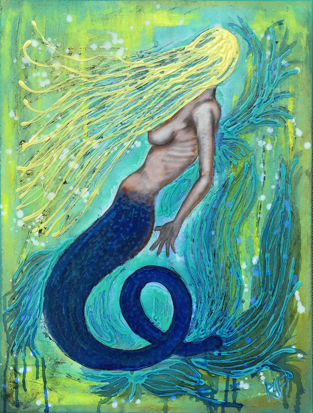 Sunlight Mermaid Original Painting By Artist Rafi Perez Mixed Medium On Canvas 18x24 - Image 2
