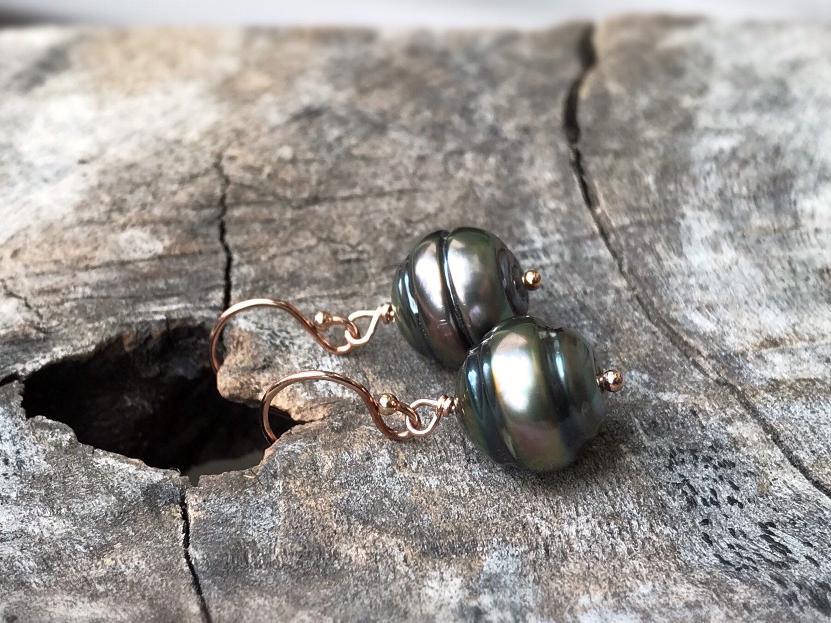 Tahitian Pearl Drop Earrings – 14k Rose Gold Filled – Genuine Baroque Tahitian Pearls – Bronze/Pink/Gold Saltwater Pearls