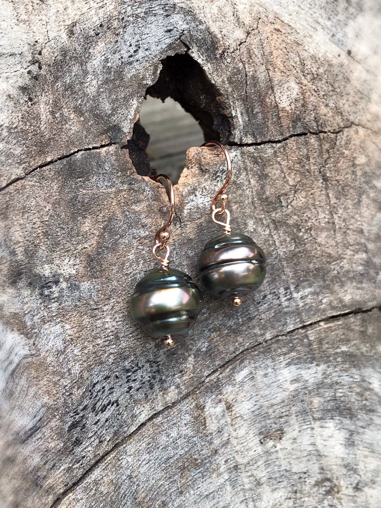 Tahitian Pearl Drop Earrings - 14k Rose Gold Filled - Genuine Baroque Tahitian Pearls - Bronze/Pink/Gold Saltwater Pearls - Image 2