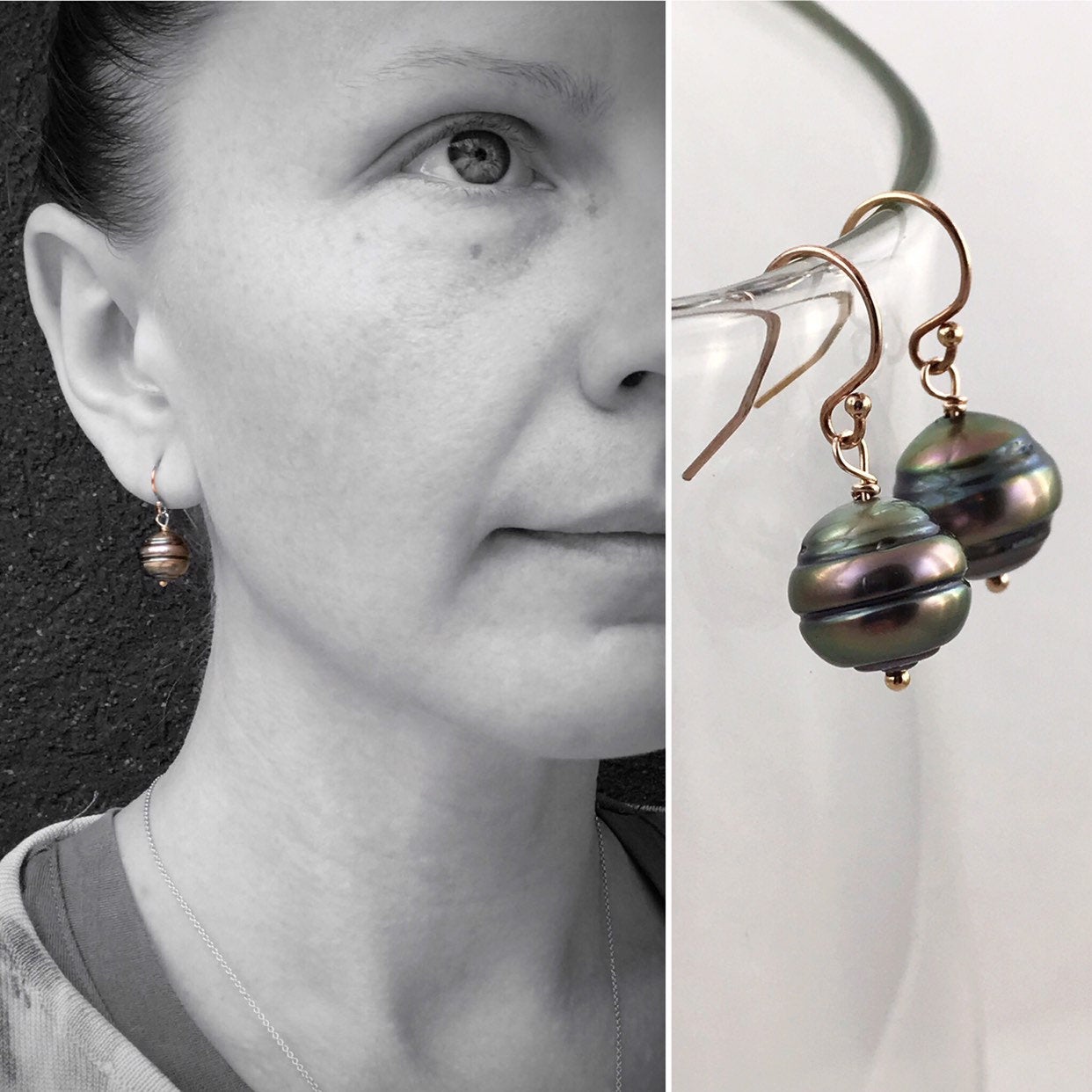 Tahitian Pearl Drop Earrings - 14k Rose Gold Filled - Genuine Baroque Tahitian Pearls - Bronze/Pink/Gold Saltwater Pearls - Image 4