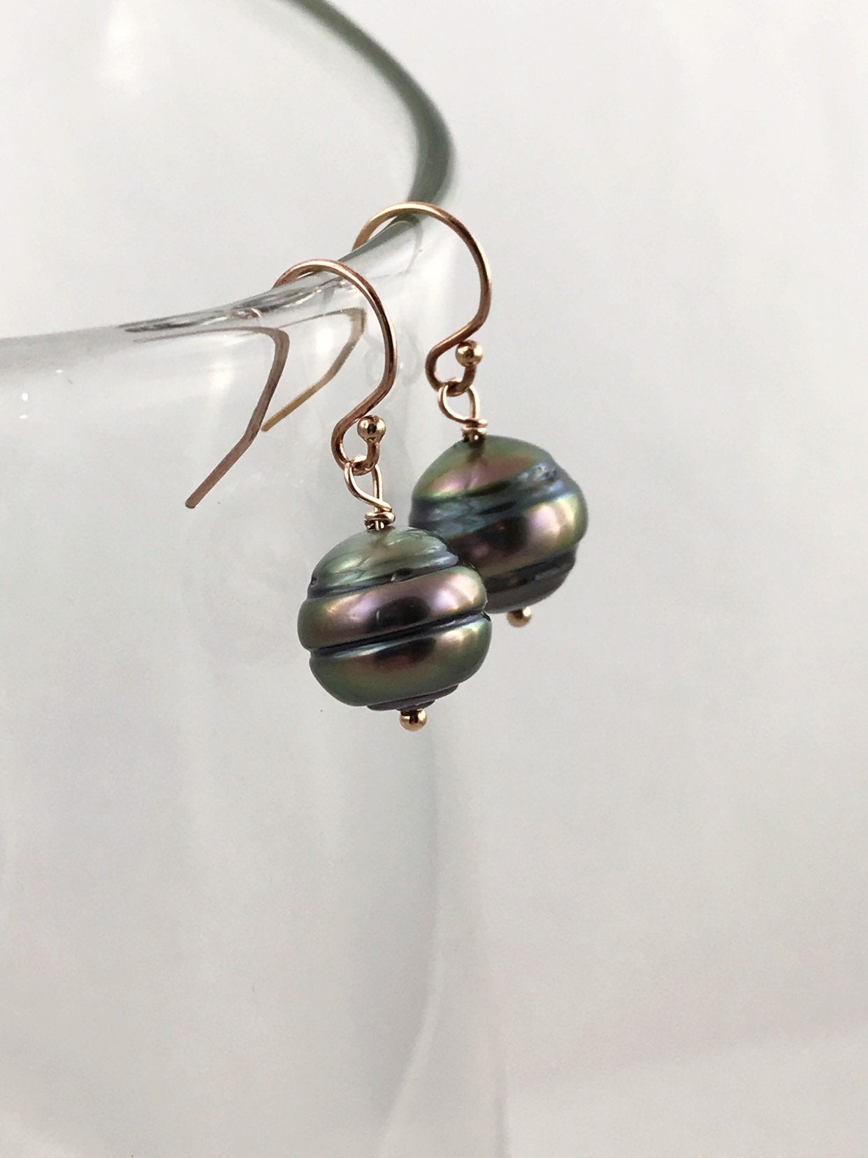 Tahitian Pearl Drop Earrings - 14k Rose Gold Filled - Genuine Baroque Tahitian Pearls - Bronze/Pink/Gold Saltwater Pearls - Image 5