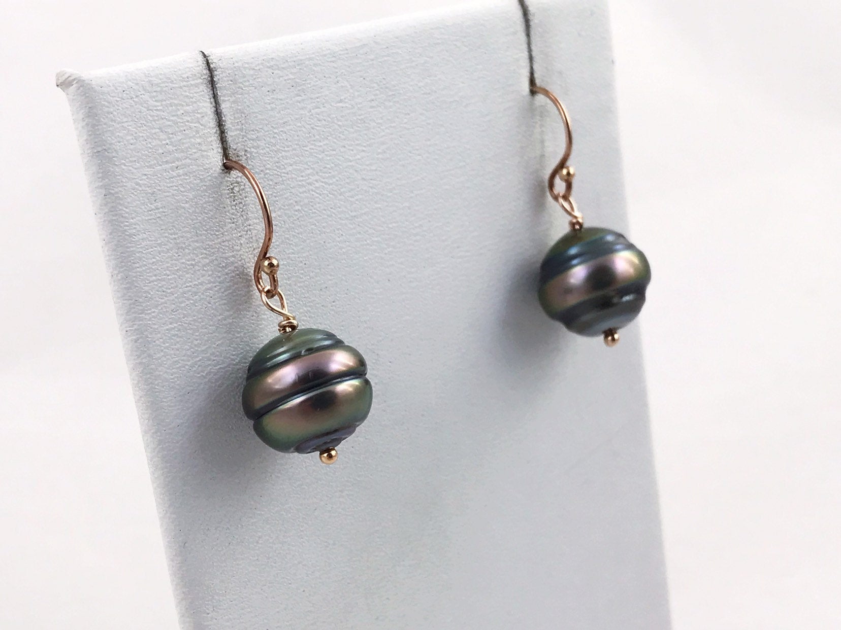 Tahitian Pearl Drop Earrings - 14k Rose Gold Filled - Genuine Baroque Tahitian Pearls - Bronze/Pink/Gold Saltwater Pearls - Image 7