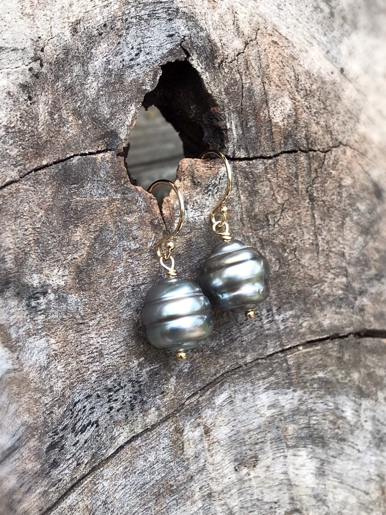Tahitian Pearl Drop Earrings - 14k Yellow Gold Filled - Genuine Baroque Tahitian Pearls - Silver/Grey/Gold/Blue Saltwater Pearls - Image 2