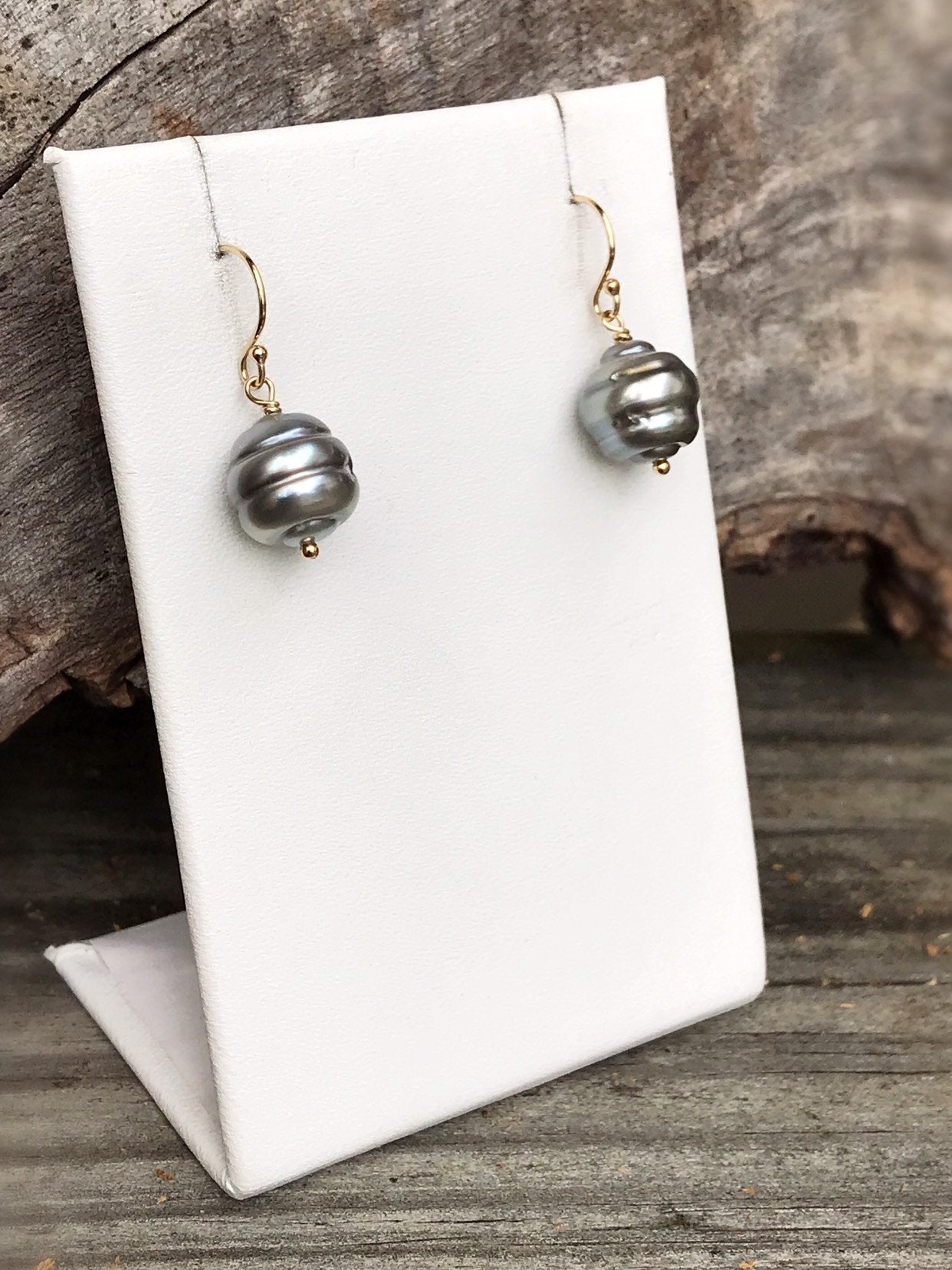 Tahitian Pearl Drop Earrings - 14k Yellow Gold Filled - Genuine Baroque Tahitian Pearls - Silver/Grey/Gold/Blue Saltwater Pearls - Image 3