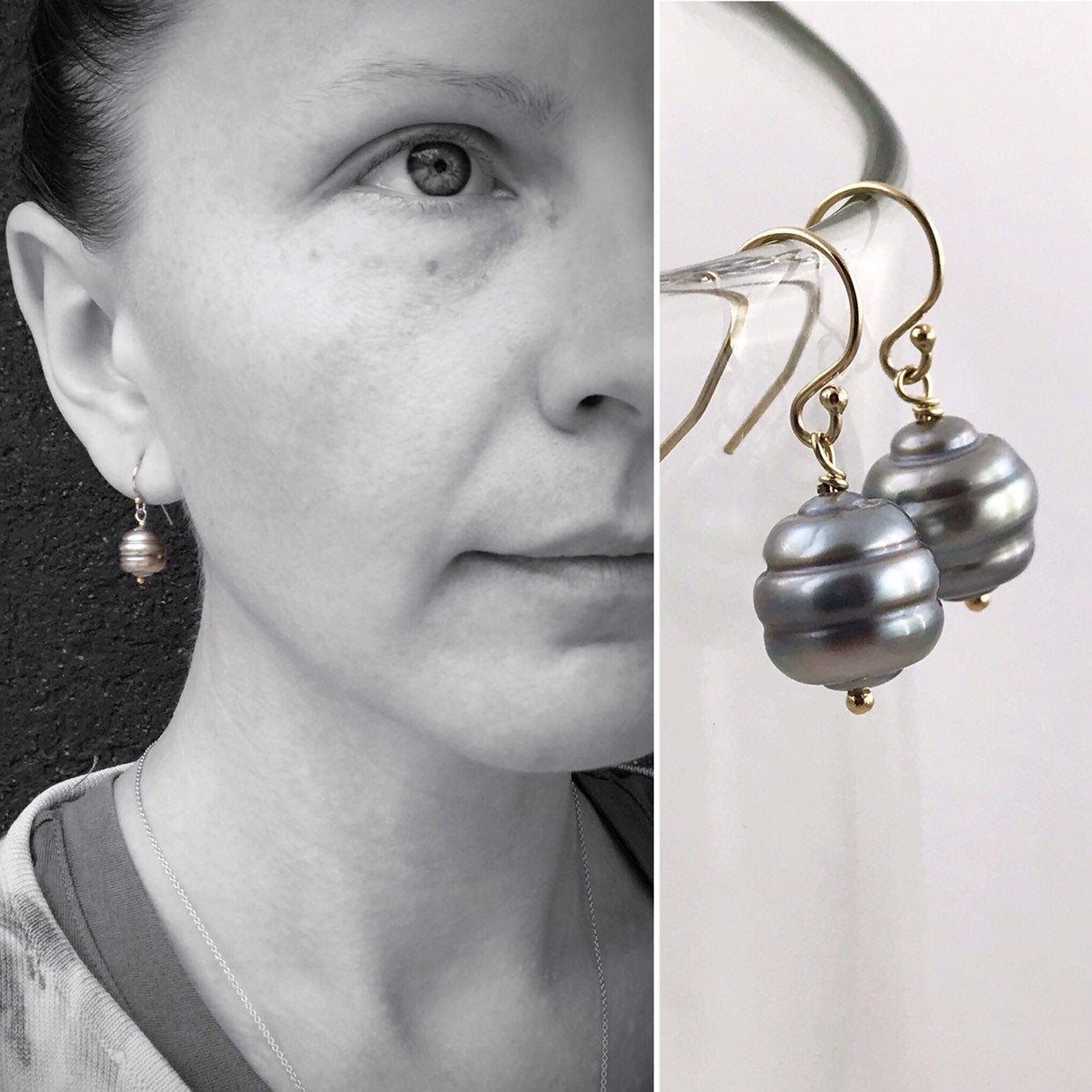 Tahitian Pearl Drop Earrings - 14k Yellow Gold Filled - Genuine Baroque Tahitian Pearls - Silver/Grey/Gold/Blue Saltwater Pearls - Image 4